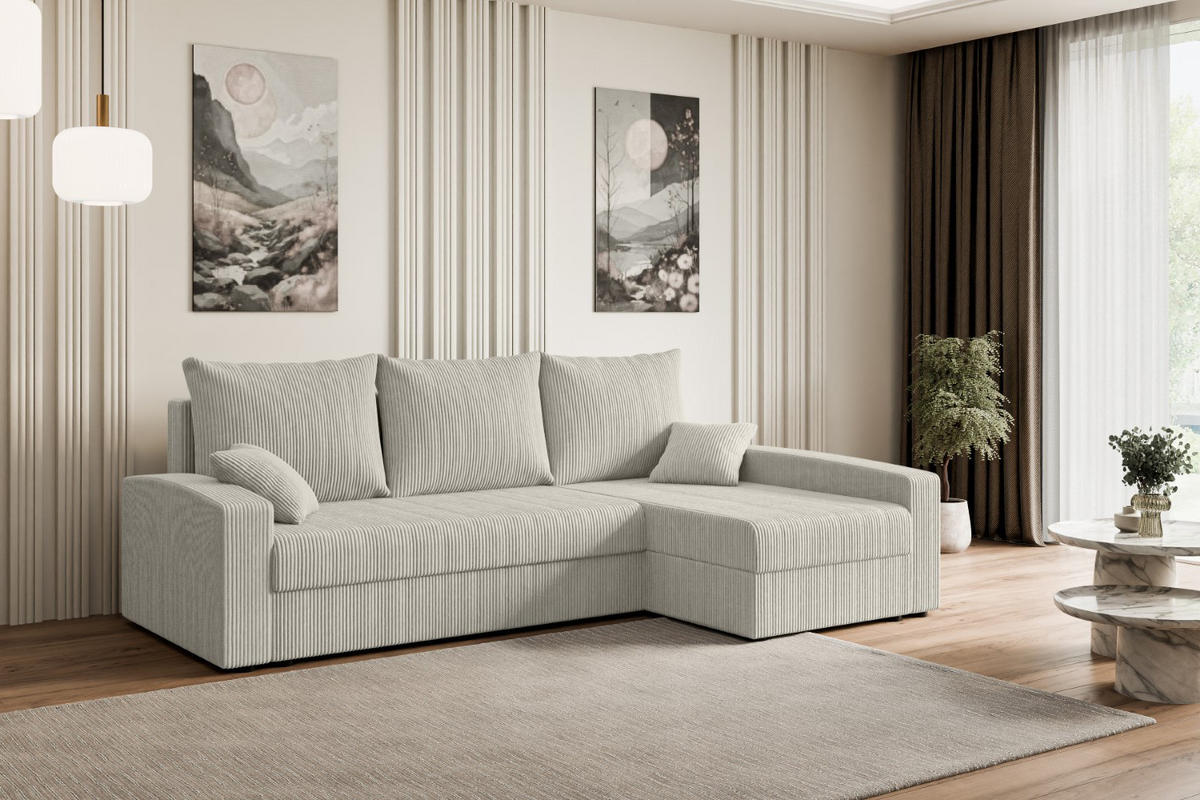 ECKSOFA mit Schlaffunktion und Bettkasten ALESIA-L 231x140x90 cm Creme Cord - Silberfarben/Hellgrau, Holzwerkstoff/Kunststoff (231/140cm) - ALTDECOR