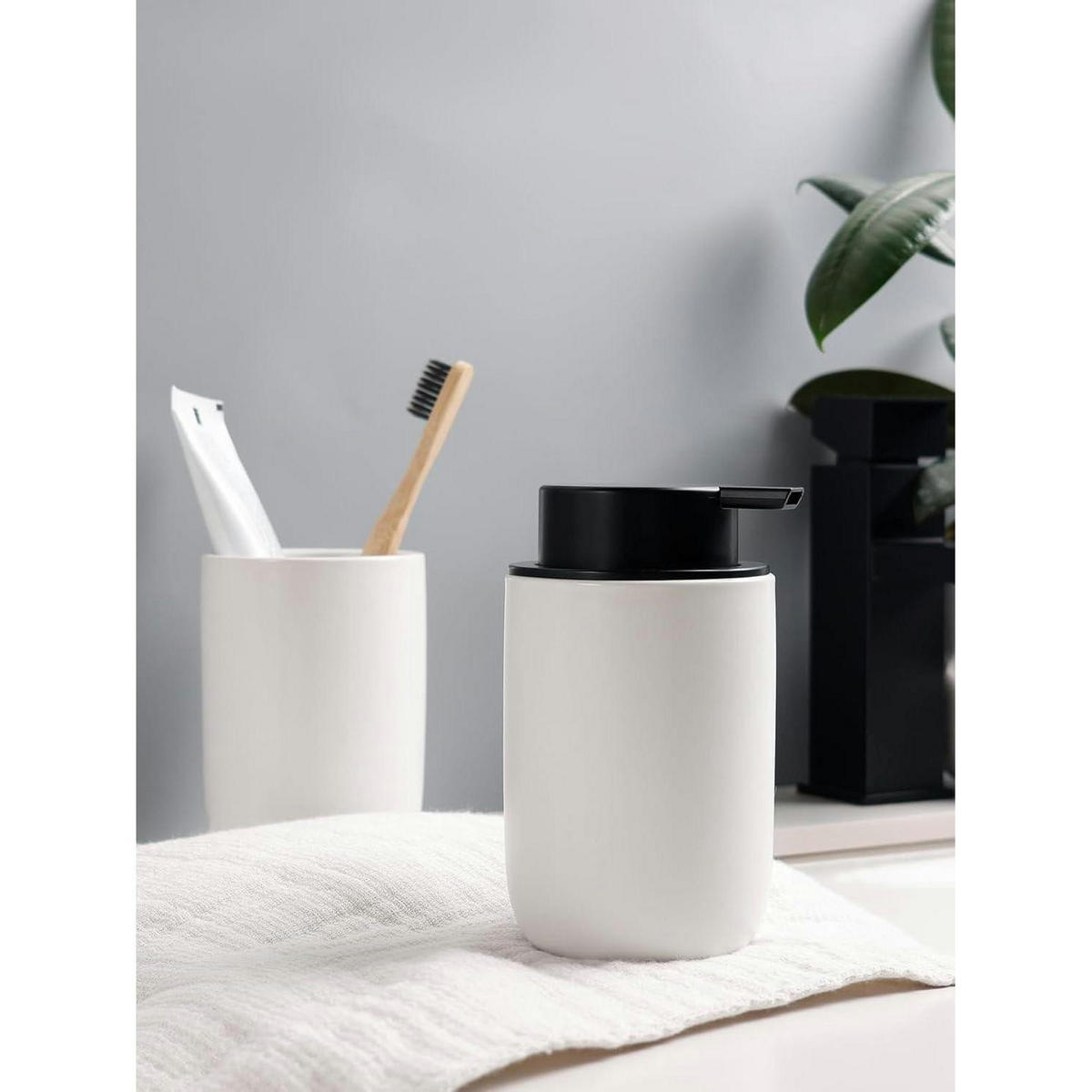 SEIFENSPENDER mit Zahnbürstenhalter Keramik Weiß 350ml - Weiß, Keramik (8/14/8cm)