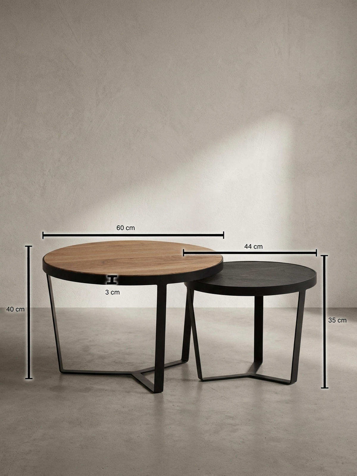 COUCHTISCH Set rund – Akazie Massivholz, Steinoptik, Metallgestell, Braun-Anthrazit - Schwarz, Holz/Metall (60/60/40cm) - KADIMA DESIGN