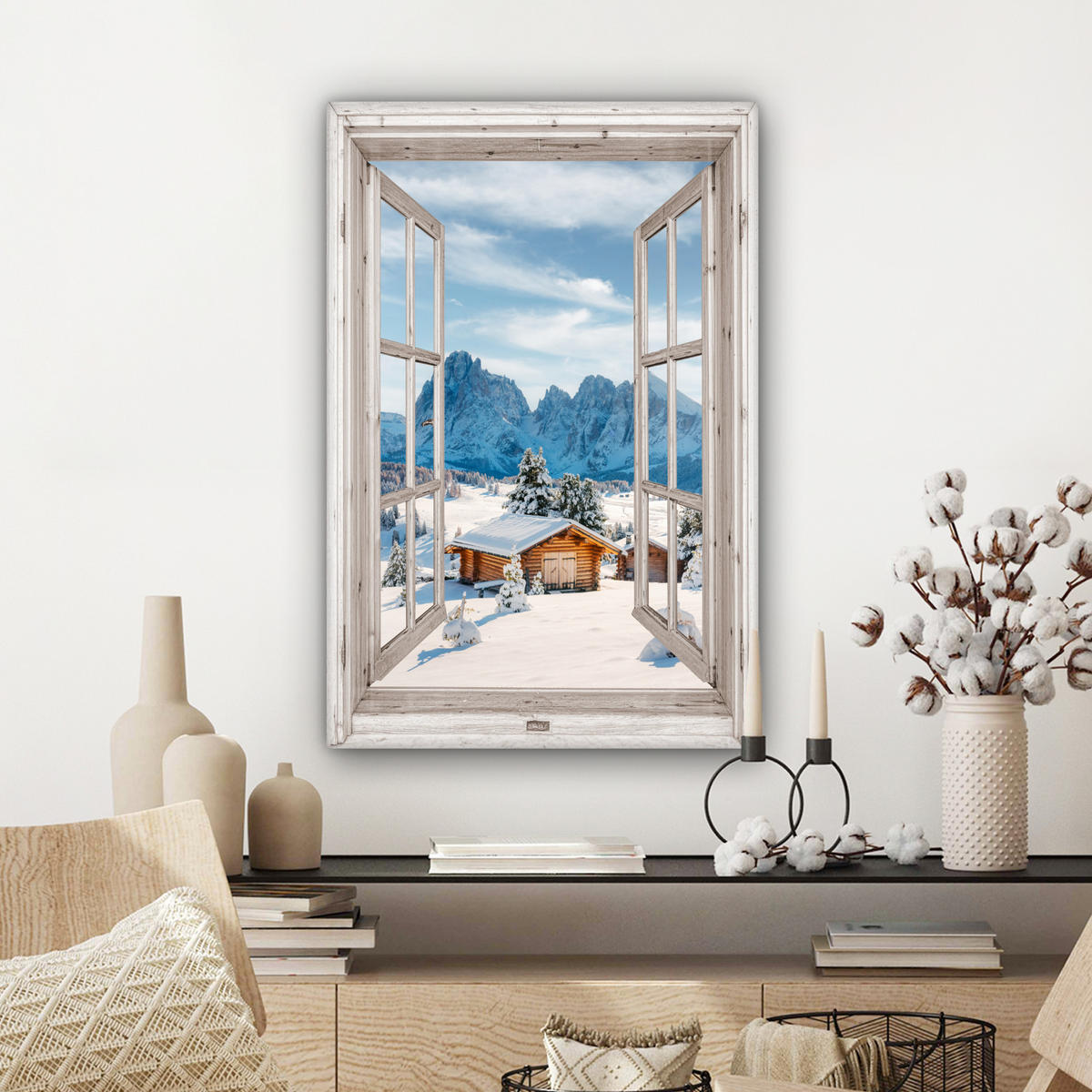 LEINWANDBILD Winterlandschaft - Hütte - Berge - Ausblicke - Aussicht - Natur Wanddeko 40x60 cm - Weiß Hochglanz, Textil (40/60cm) - MuchoWow