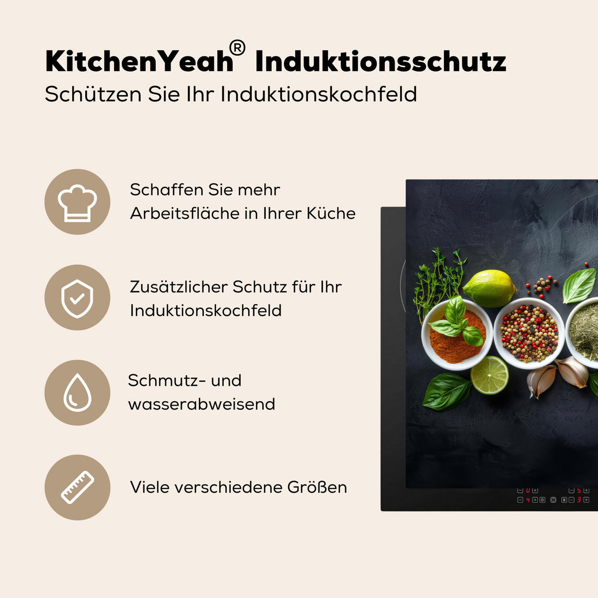 HERDABDECKPLATTE Kräuter - Gewürze - Konkrete Optik - Stilleben Ceranfeldabdeckung 80x52 cm - Multicolor, Kunststoff (80/52/0.2cm) - MuchoWow