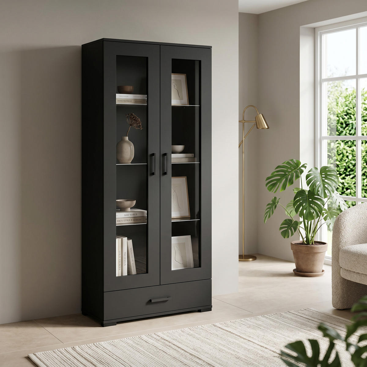 VITRINENSCHRANK ALBANO 186 x 80 cm Schwarz - Schwarz, Holzwerkstoff (80/186/40cm) - MASSENO