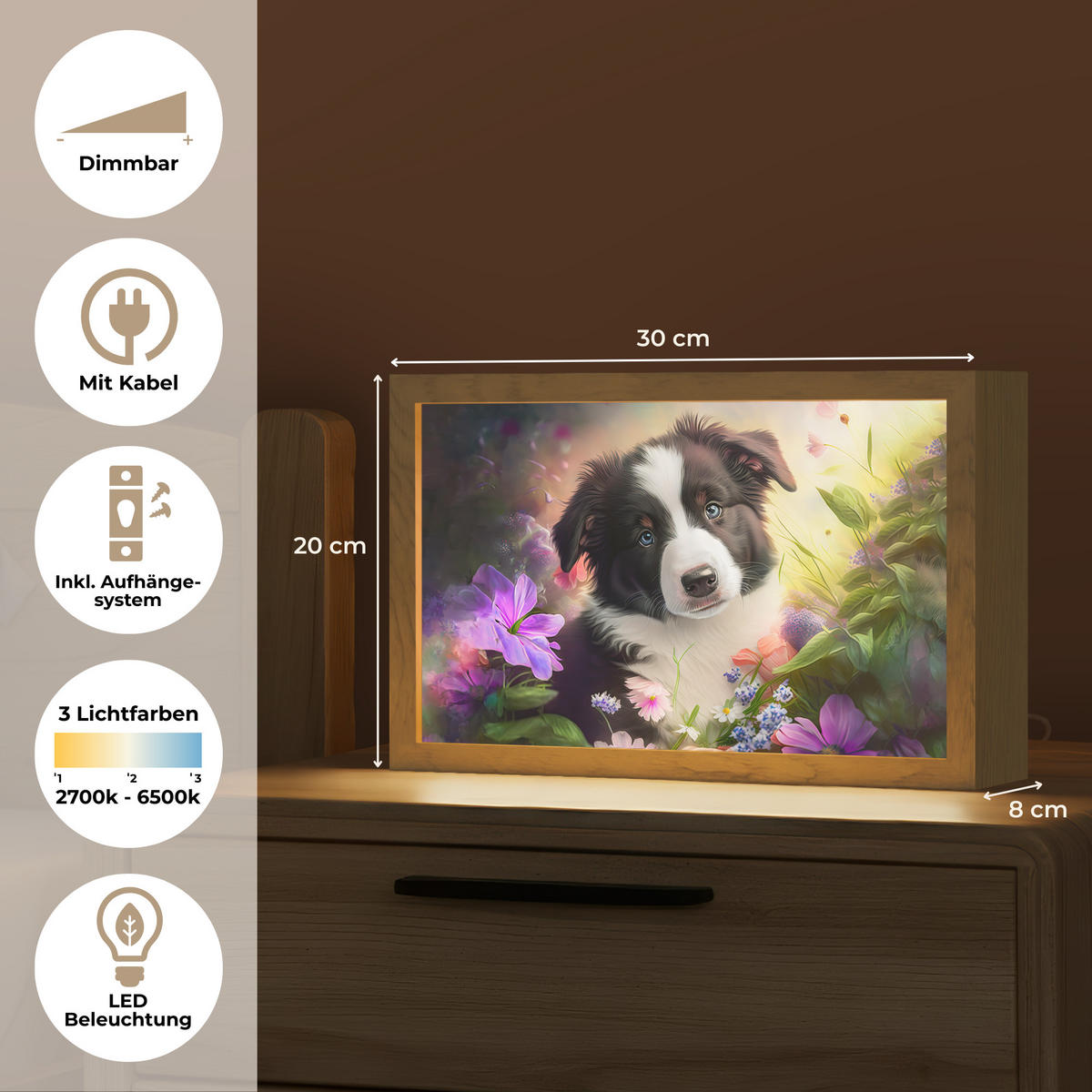 NACHTTISCHLAMPE Welpe - Sonne - Blumen - Natur - Border Collie - Hund 30x20 cm - Violett, Holzwerkstoff (8/30/20cm)