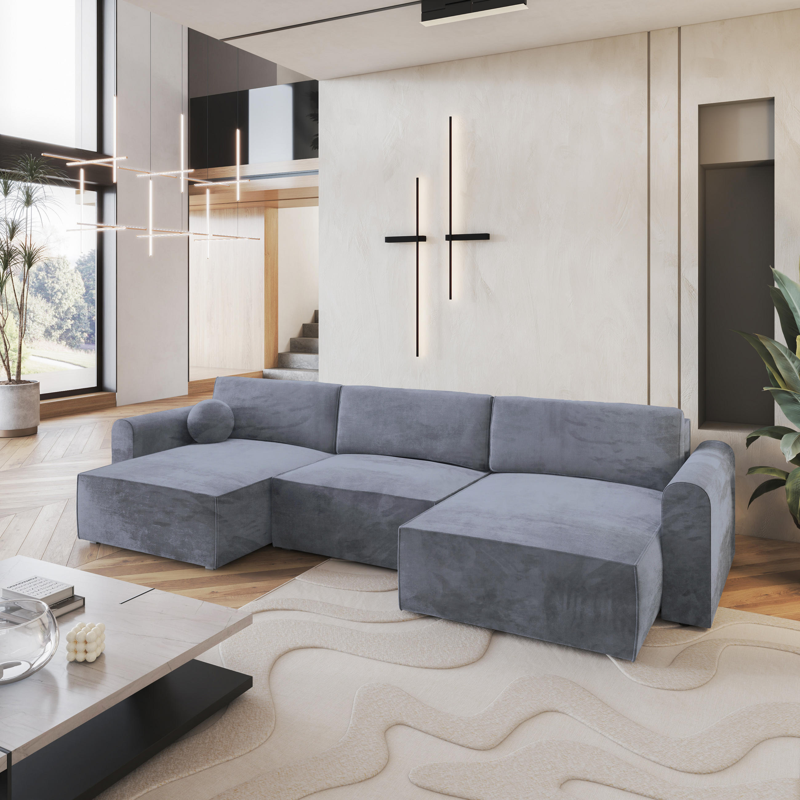 WOHNLANDSCHAFT FENTO M Grau Velours-Stoff mit Schlaffunktion - Grau, Holz (347/90/148cm) - MASSENO