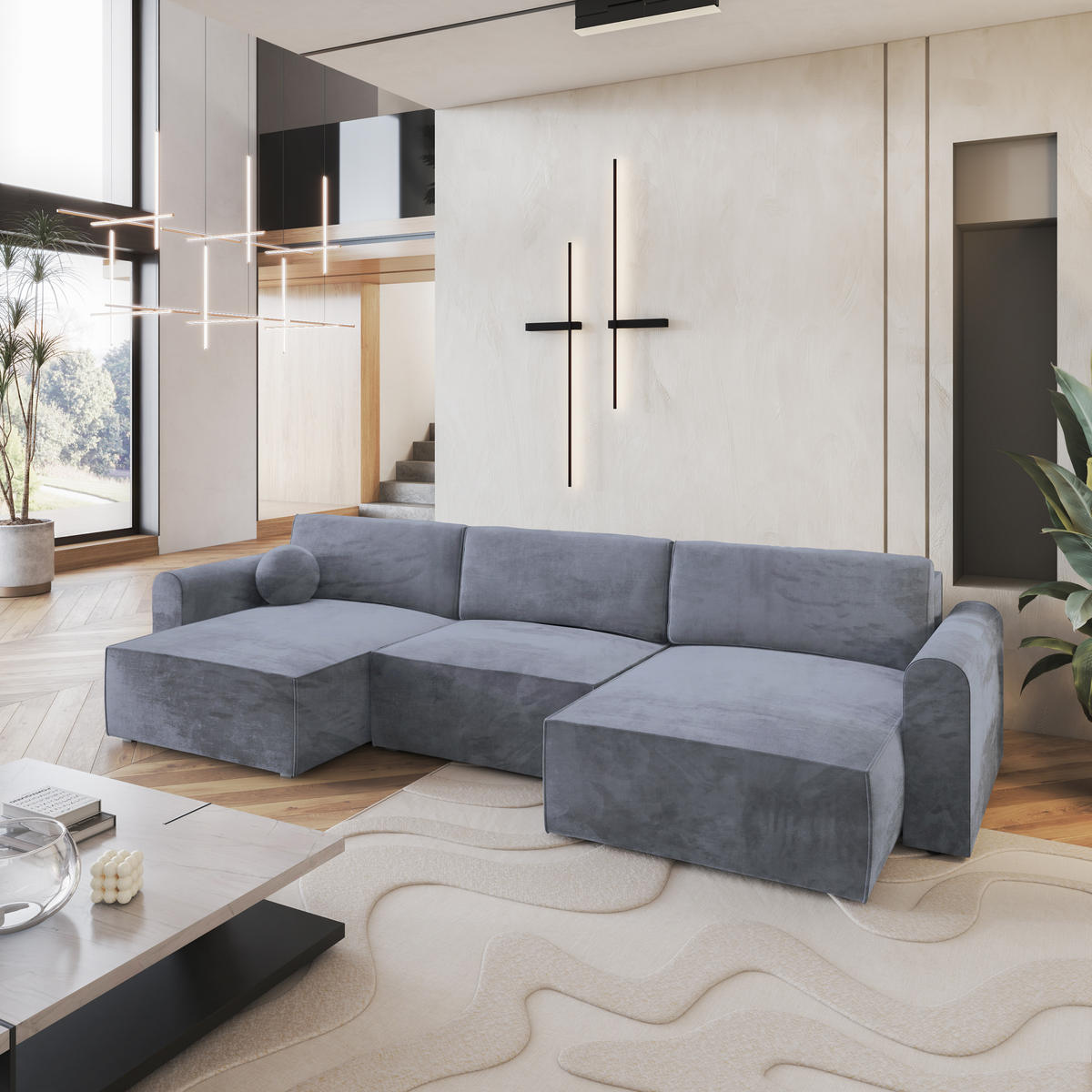 WOHNLANDSCHAFT FENTO M Grau Velours-Stoff mit Schlaffunktion - Grau, Holz (347/90/148cm) - MASSENO
