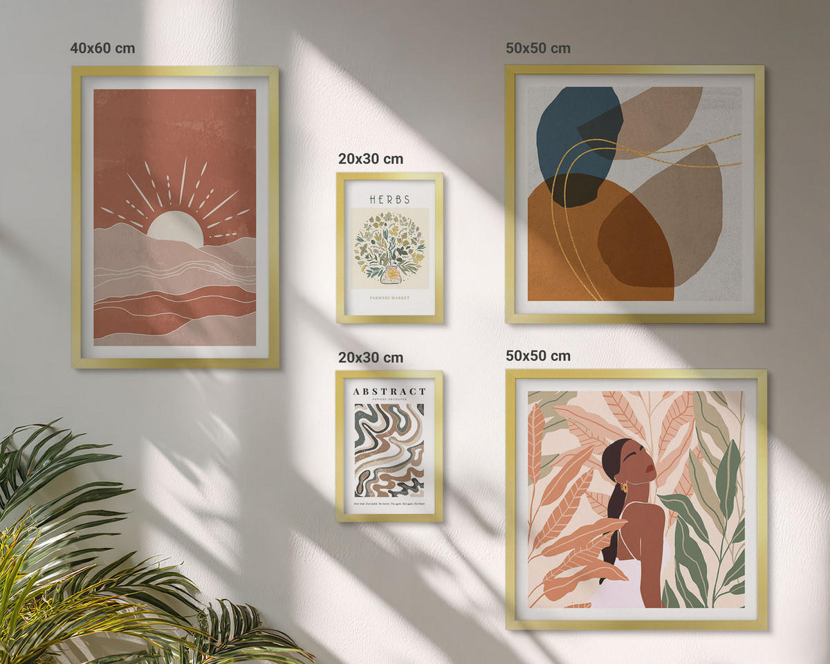 BILDER SET 5er Set - 50x50 cm & 20x30 cm & 40x60 cm Goldrahmen - Boho-Ästhetik, Pastellposter - Goldfarben, Kunststoff (40/60cm) - TULUP