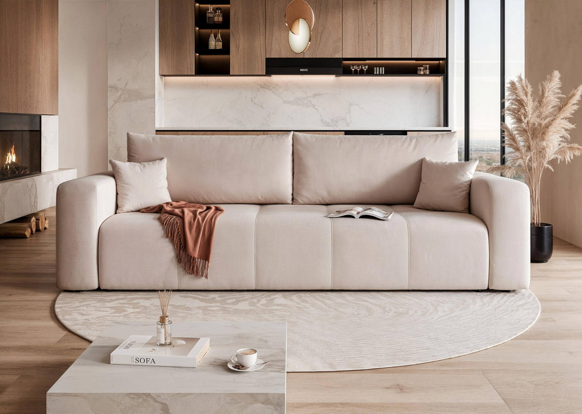 SCHLAFSOFA Velours mit Bettkasten und Schlaffunktion - Beige, Holzwerkstoff/Textil (246/79/93cm) - Idohome