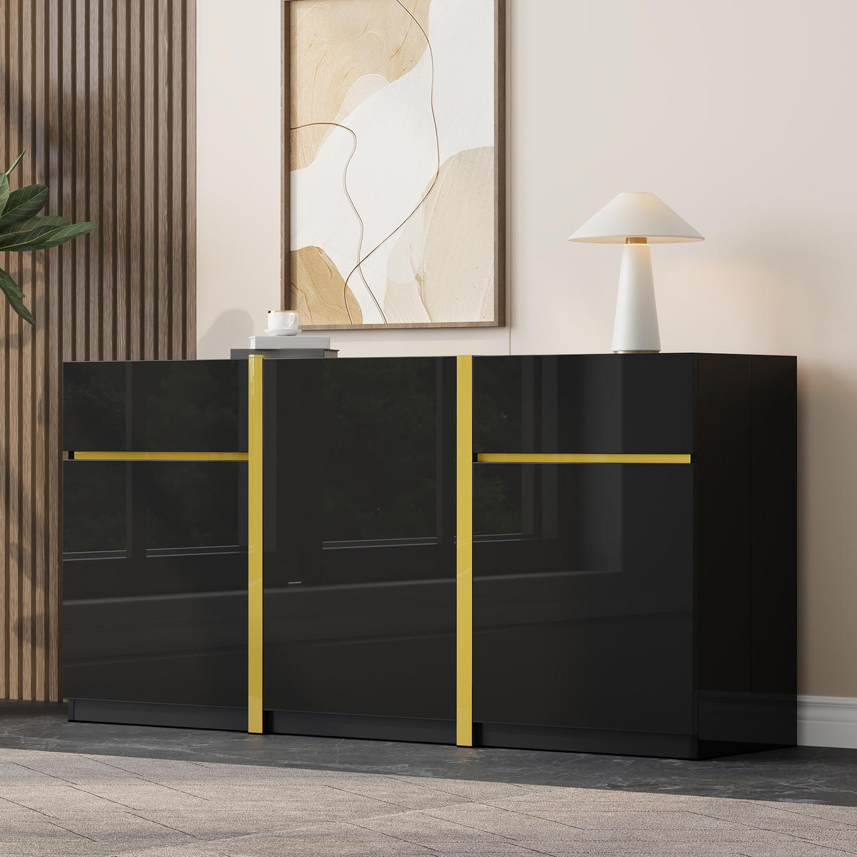 SIDEBOARD Hochglanz 3 Türen 2 Schubladen modern - Schwarz, Holz (160/78/40cm) - Fortuna Lai