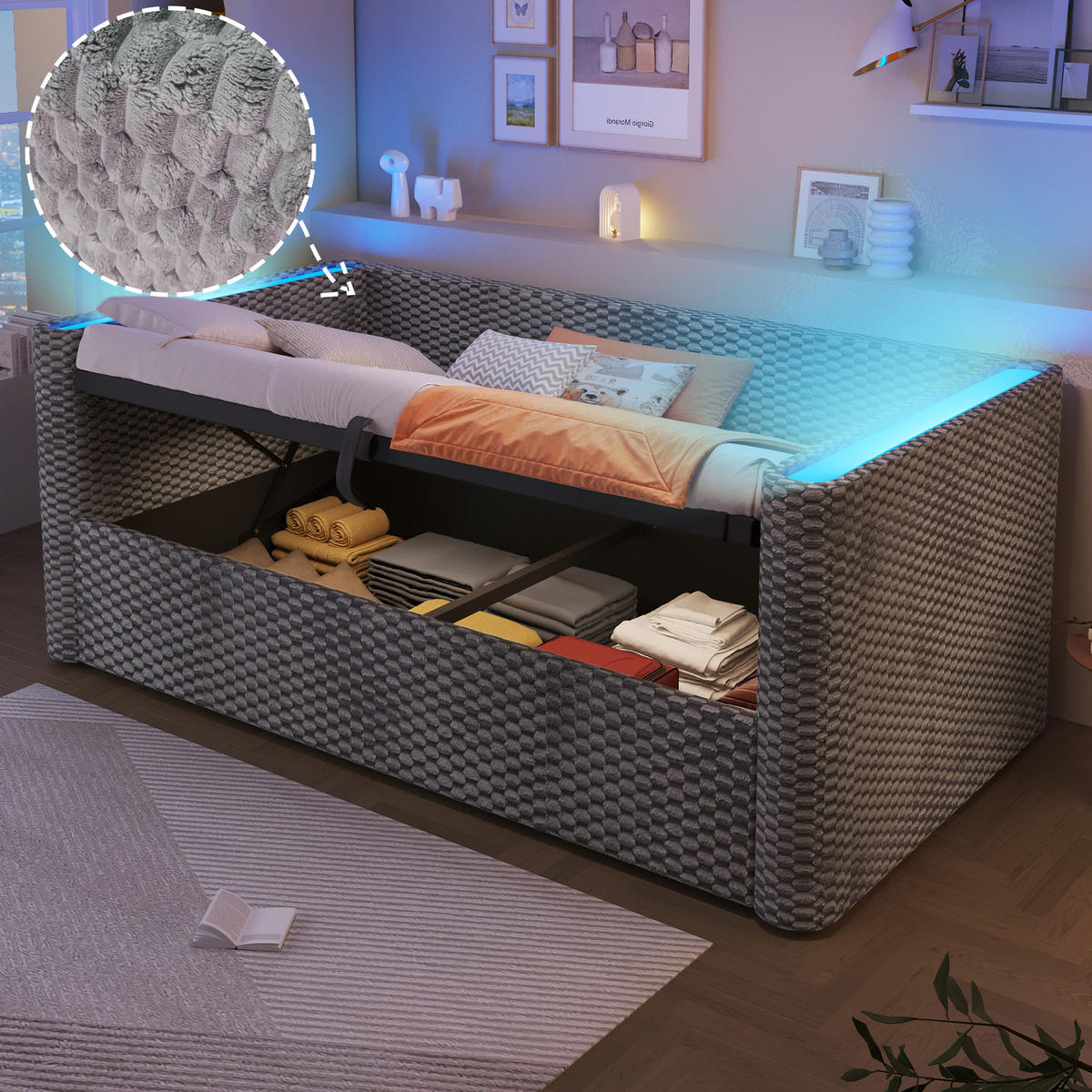 TAGESBETT mit Stauraum und LED 90x200 cm Samt Grau - Grau, Metall (90/200cm) - Meubliv