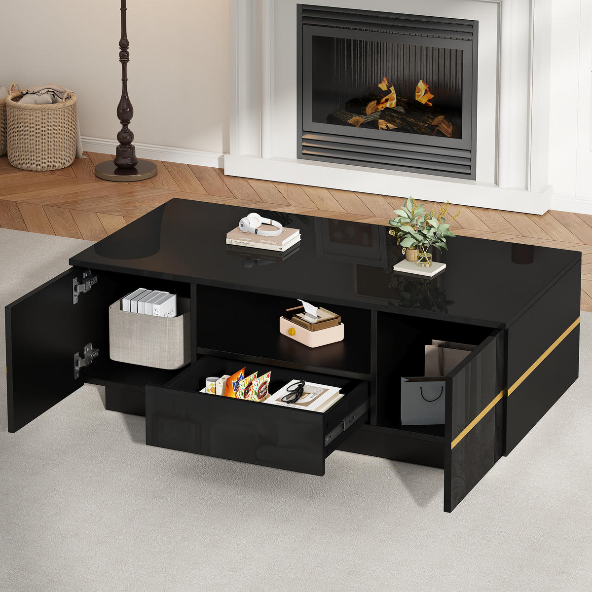 KLUB-STOLIĆ 100/50/35,5 cm s LED rasvjetom i prostor za pohranu u crnoj boji - boje oraha/crna, drvni materijal (50/100/35.5cm) - CHICFURN