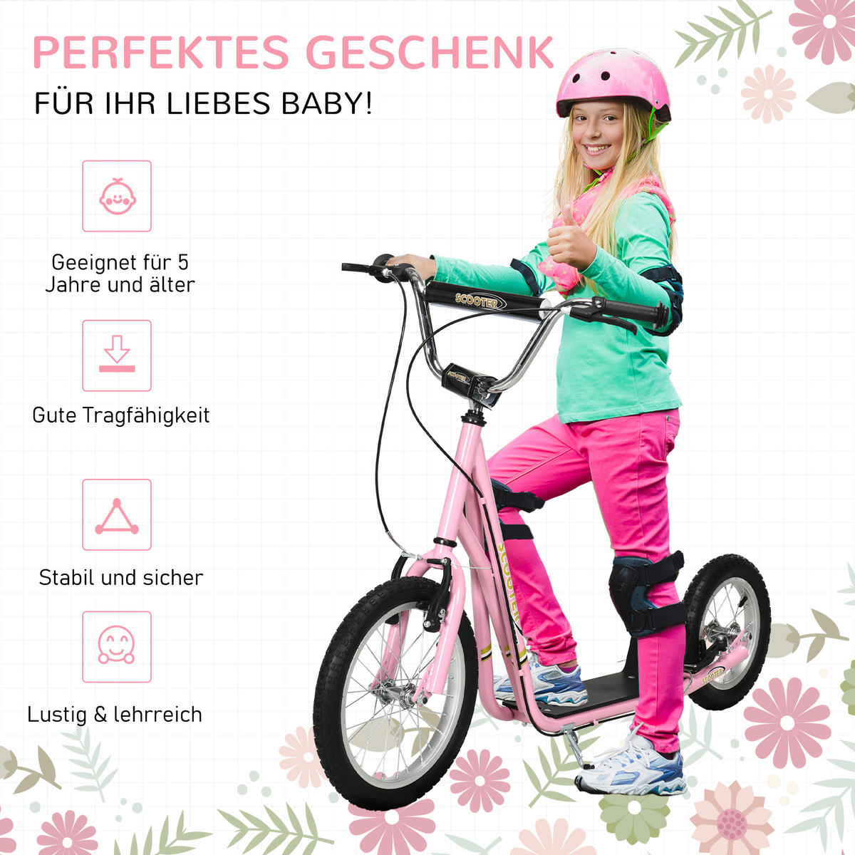 KINDERROLLER, Schwarz/Rosa, Stahl+ Gummi - Rosa, Metall (135/58/100cm) - HOMCOM