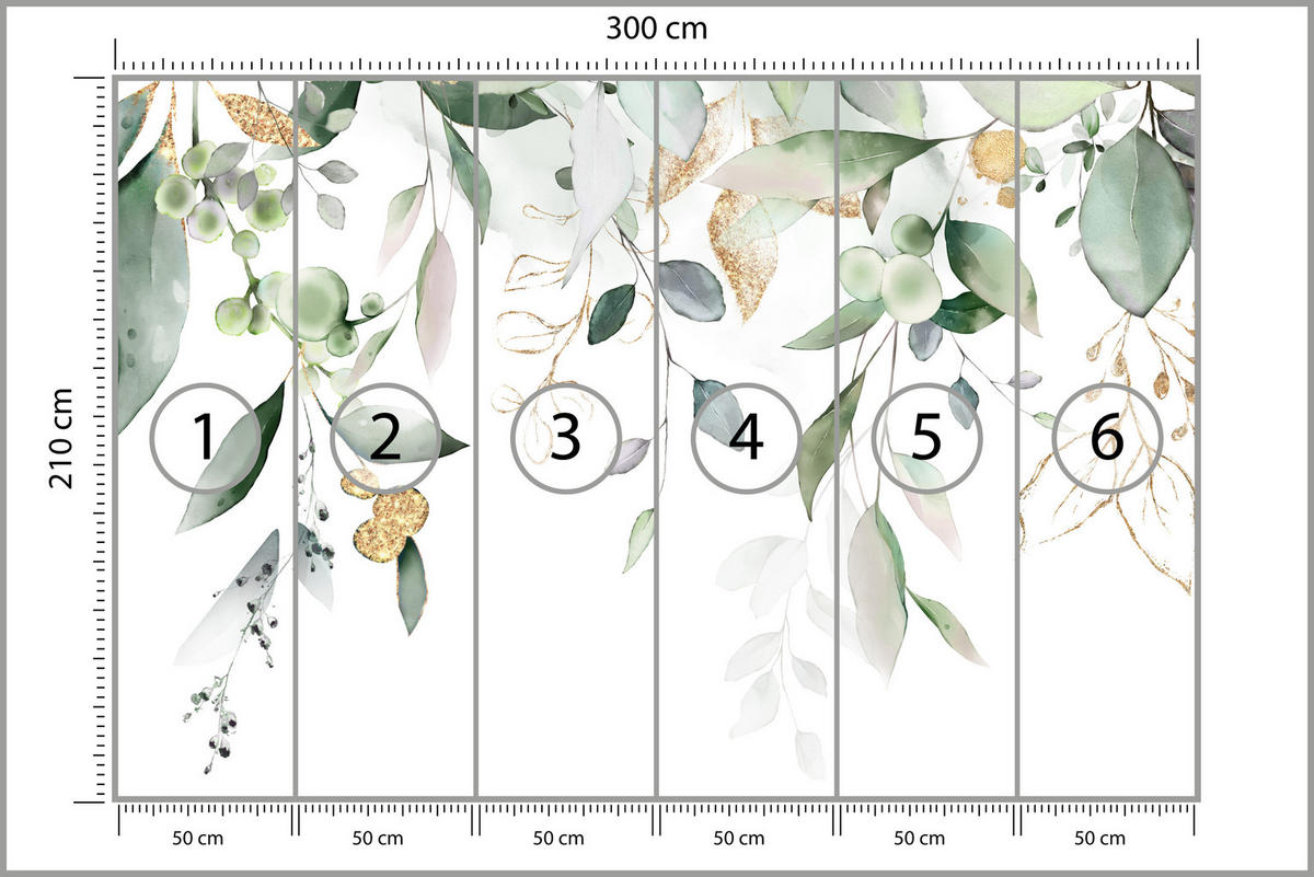 FOTOTAPETA Pre Spálňu Akvarel Listy Eukalyptus Biela 300 x 210 cm - žltá/biela, papier (300/210cm) - Muralo