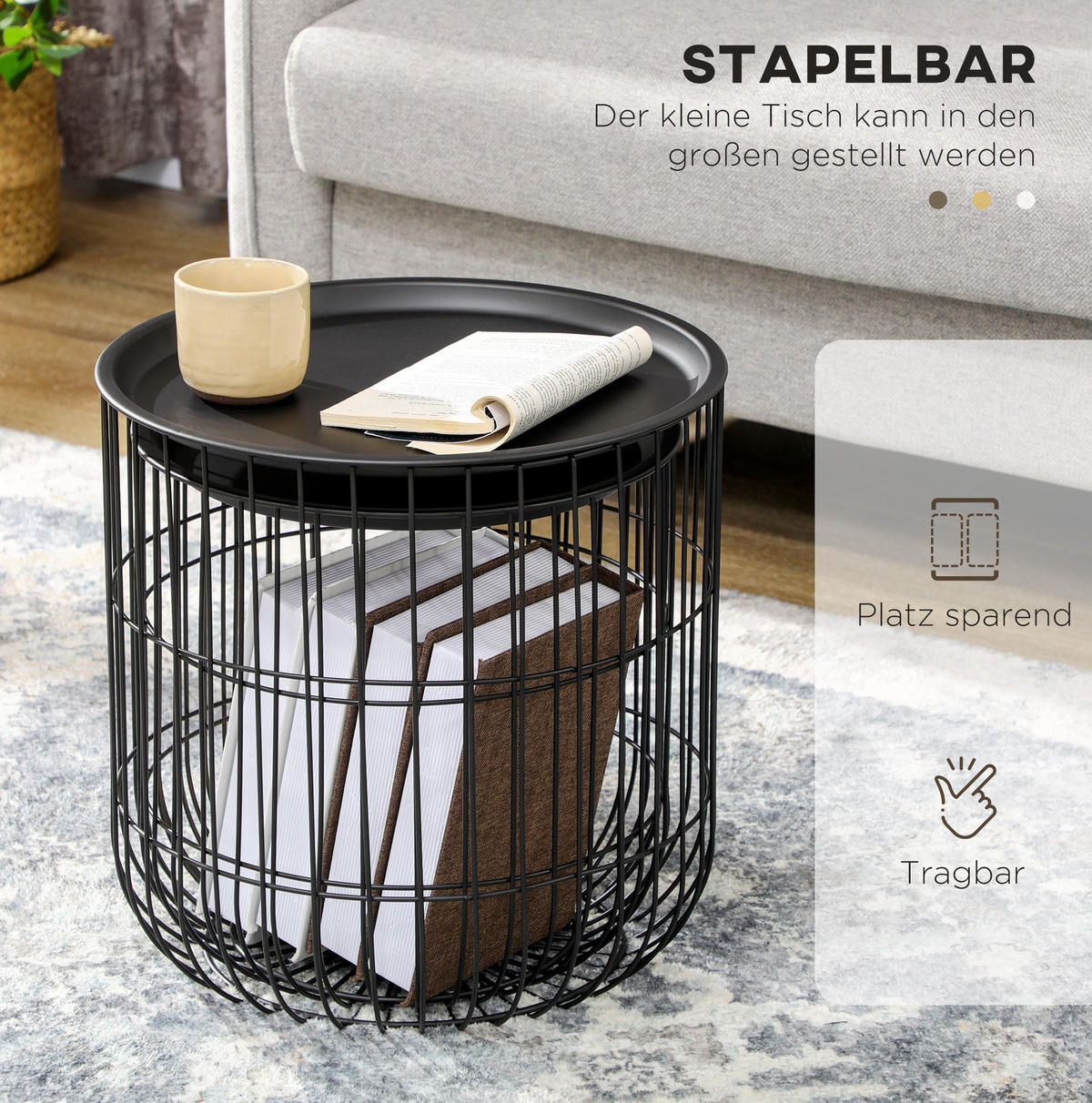 COUCHTISCH Φ40/Φ35 cm Schwarz aus Stahl mit Stauraum - Schwarz, Metall (40/40/40cm) - OKMYHOME