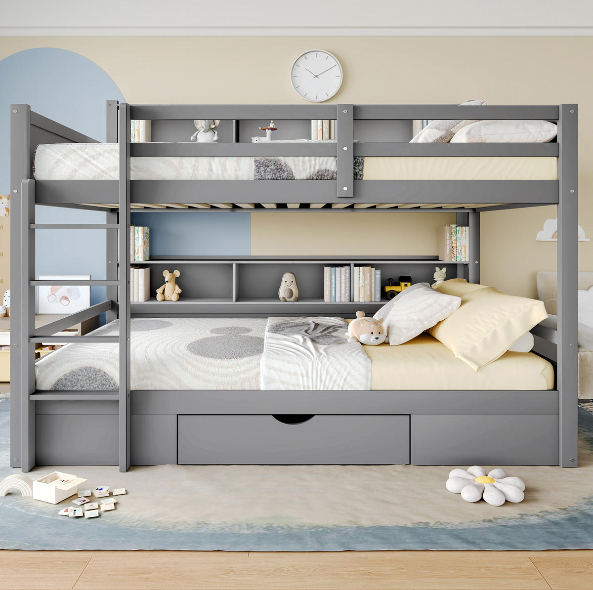 ETAGENBETT aus Kiefernholz und MDF 90x200 cm Grau mit Schublade, Ablagefächern und Sicherheitsgeländer - Grau, Holzwerkstoff (90/200cm) - Modfu