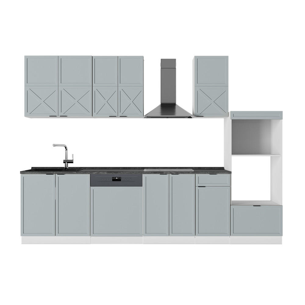KÜCHENZEILE Fame-Line Hellblau-grau/Weiß 300 cm mit Hochschrank AP Anthrazit - Blaugrau/Weiß, Holzwerkstoff (300/81.6/60cm) - Vicco