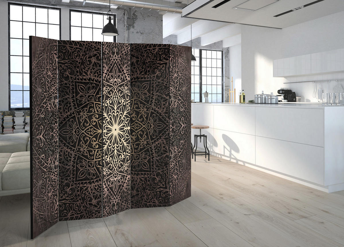 PARAVÁN Jednostranný 5-Dielny 225x172 cm Mandala a Ornamenty - hnedá, drevo/textil (225/172/3cm) - Muralo