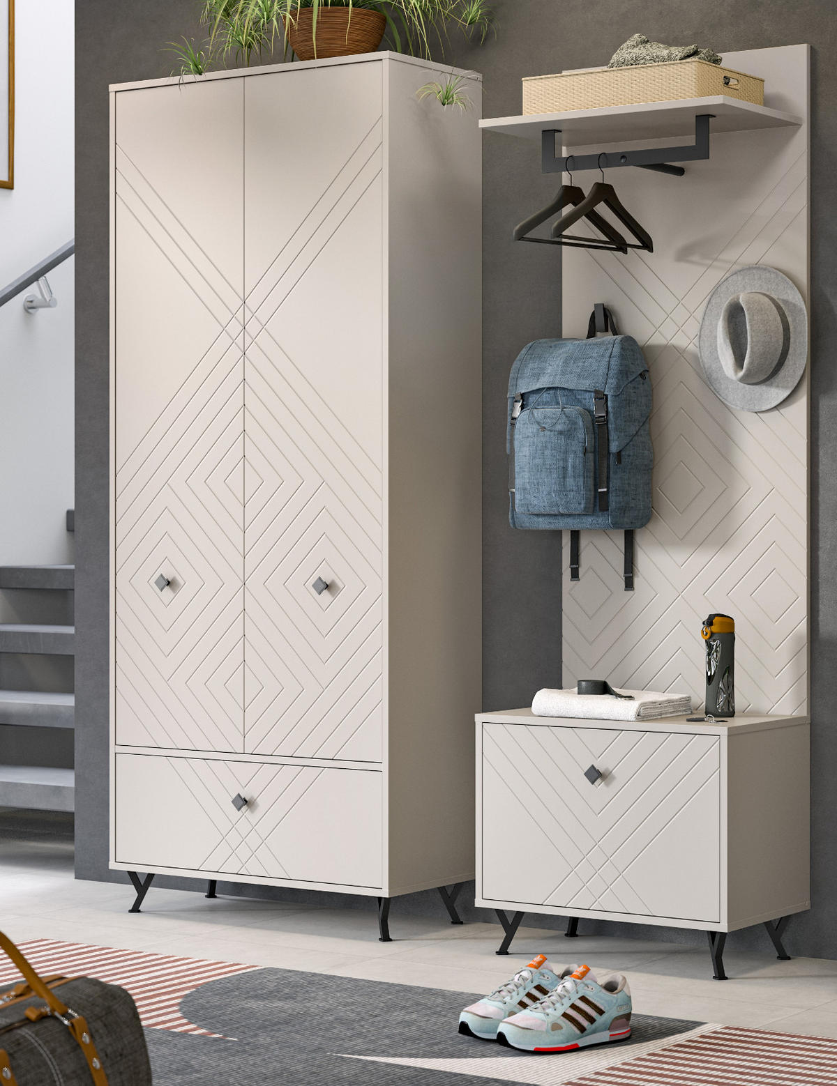 SCHUHSCHRANK Sand matt 80 cm, Mehrzweckschrank mit gefräster Struktur - Sandfarben/Beige, Holzwerkstoff/Metall (80/190/35cm) - Inn.Furn