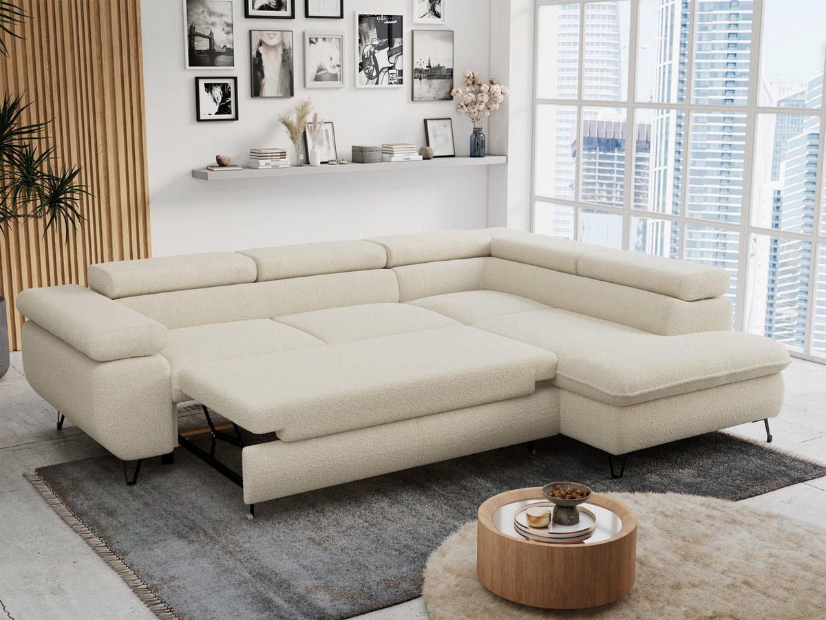 ECKSOFA PETER L Beige Boucle - Rechts Seite - Beige/Schwarz, Textil/Metall (273/208cm) - MKS