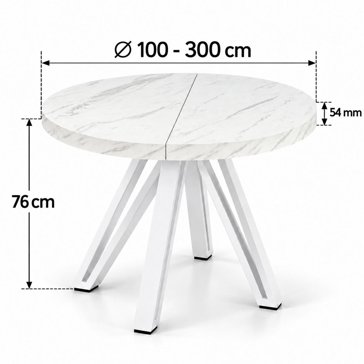ESSTISCH rund ausziehbar 100/300/76 cm, Marmor, 54 cm Tischplatte + Industrial Metallgestell Weiß - Hellgrau/Weiß, Holzwerkstoff/Metall (100/300/76cm) - Damale Möbel