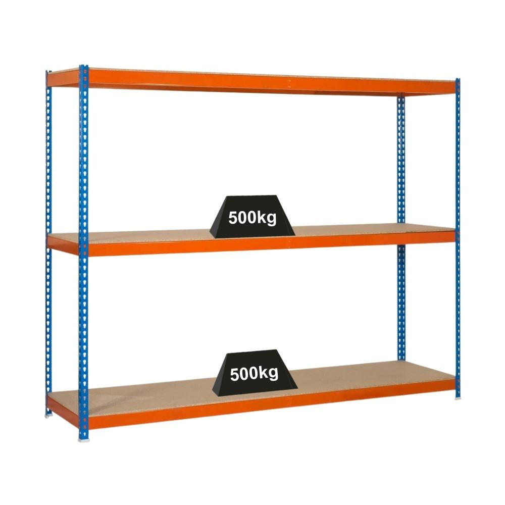 SCHWERLASTREGAL Wood Beast Three HxBxT 200 x 210 x 75 cm 3 Ebenen Fachlast 500 kg Blau-Orange - Gelb, Metall (210/200/75cm) - PROREGAL