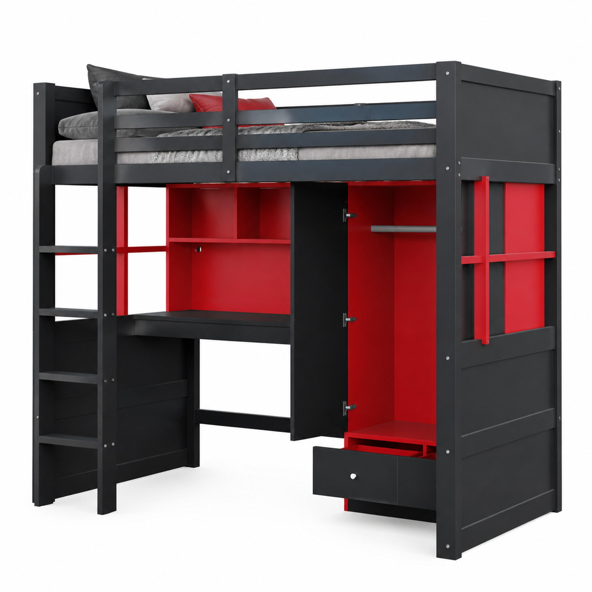 HOCHBETT mit Stauraum und Schreibtisch 90x200 cm Holz Black+Red - Schwarz, Holz (90/200cm) - Meubliv
