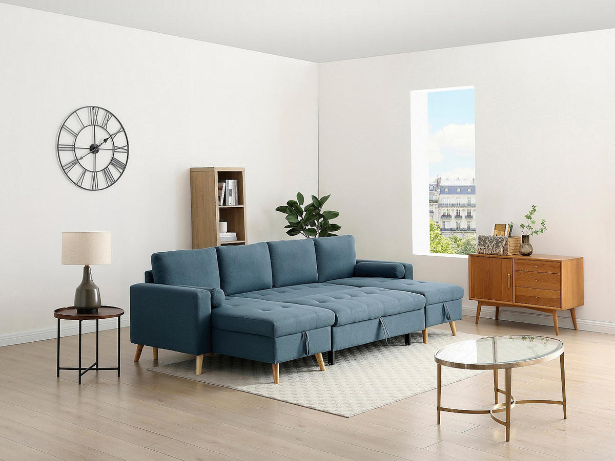 PANORAMA-ECKSOFA mit Schlaffunktion – Stoff – Türkisblau – KORI - Blau, Textil (146/288cm) - Vente-Unique