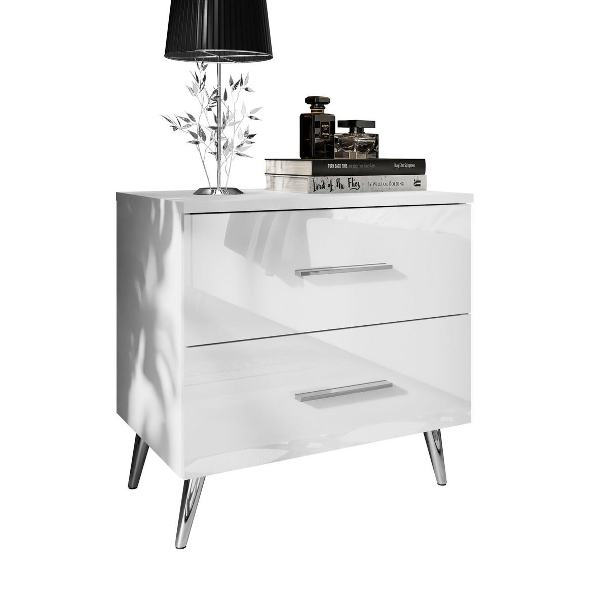 NACHTTISCH AURA mit Griffen, Chrombeinen - Weiß, Holzwerkstoff (55/55/37cm) - Lookway