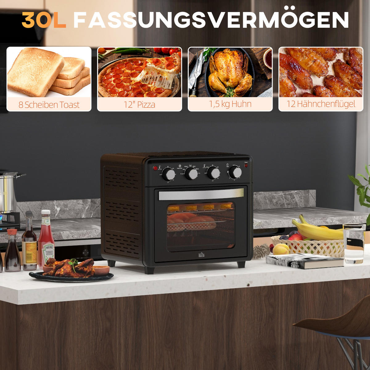 MINIBACKOFEN 30L mit Umluft & Heißluftfritteuse, 7 Modi Mini Ofen mit Backblech, Grillrost, Frittierkorb & Timer - Schwarz, Metall (43/39/39cm) - Beaface