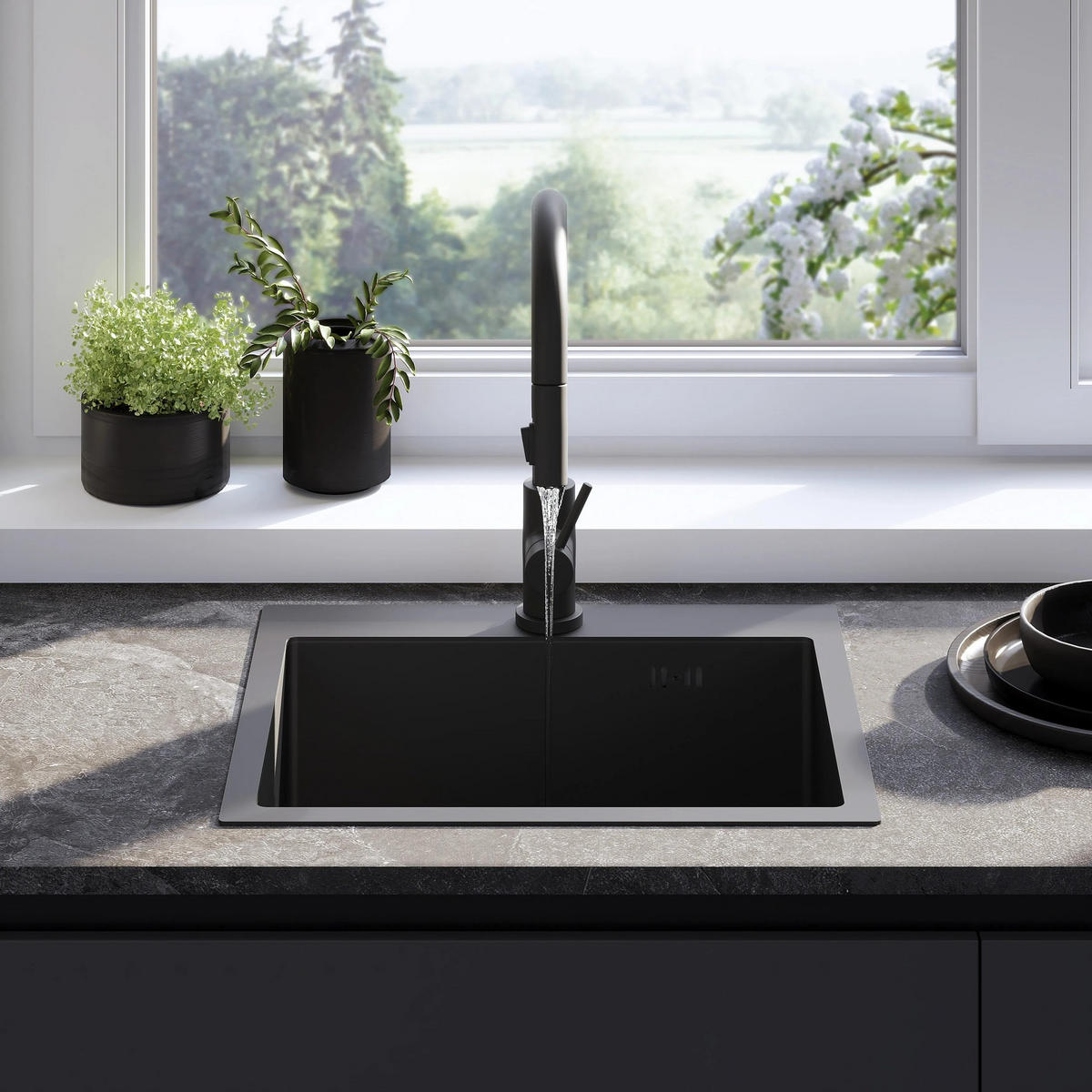 EDELSTAHLSPÜLE Rea Leo 50 Black mit Küchenarmatur - Schwarz, Metall (45/18.5/50cm) - REA
