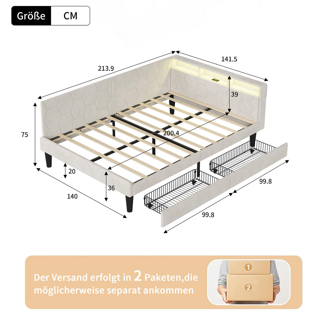 POLSTERBETT 140x200 cm Tagesbett mit 2 Schubladen, LED & USB, Doppelbett mit Kopfteil Stauraum, Beige - Beige, Metall (140/200cm) - EuroLiving
