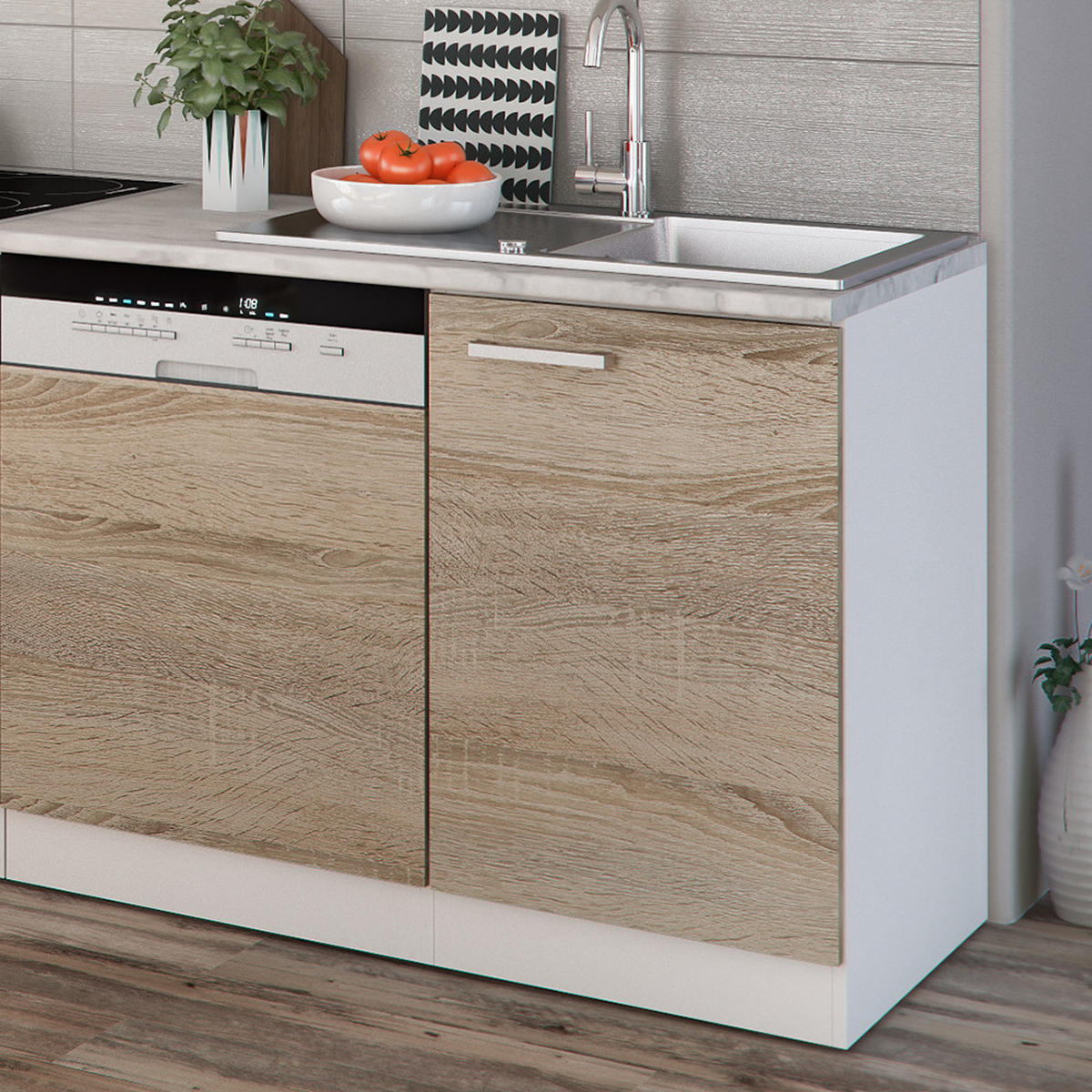 KÜCHENZEILE Optima Sonoma 270 cm ohne AP mit LED-Leisten - Weiß/Sonoma Eiche, Holzwerkstoff (270/81.6/46cm) - Vicco