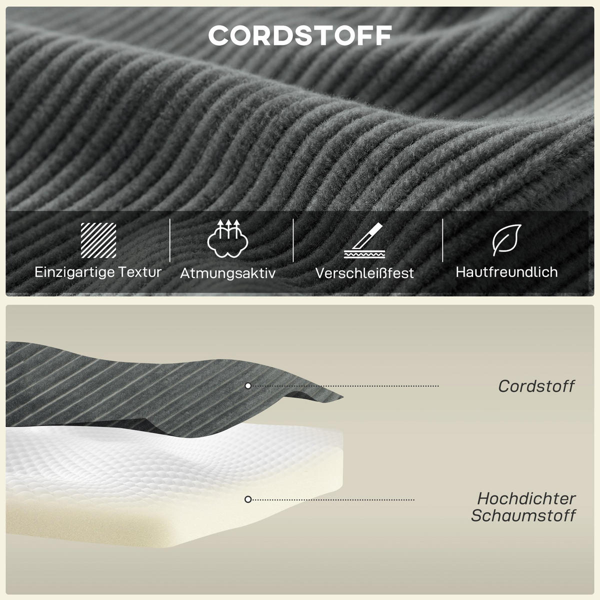 ECKSOFA 3er Set Cord Schaumstoff Dunkelgrau - Dunkelgrau, Textil (168/267cm) - HOMCOM