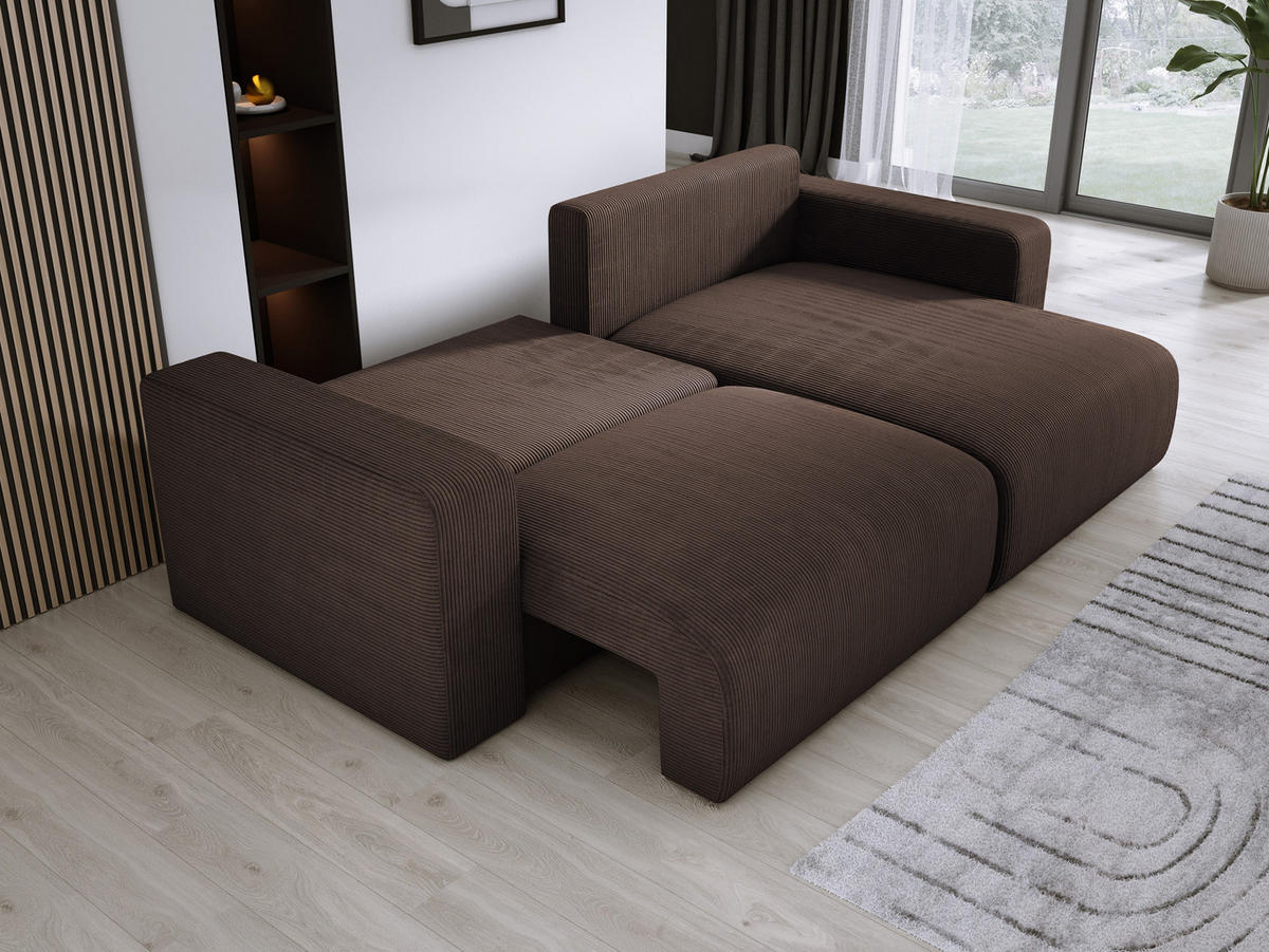 ECKSOFA Carl L-förmig Schlaffunktion und Bettkasten weicher Cordstoff flexibel stellbar lose Rückenkissen freistehend RECHTS 247x143x83cm Dark brown - Dunkelbraun, Holz/Textil (247/143cm) - DomoHome