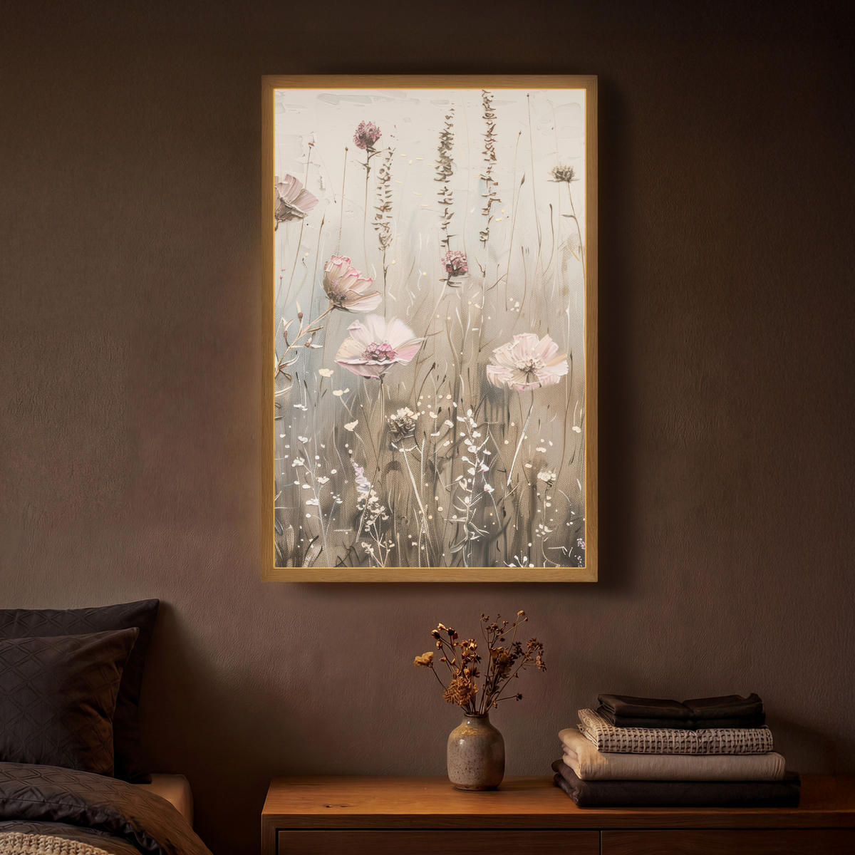 NÁSTĚNNÁ LAMPA S AKUMULÁTOREM Květiny - růžová - moderní - béžová 40x60 cm - starorůžová, kompozitní dřevo (40/60/8cm) - OnlyWow
