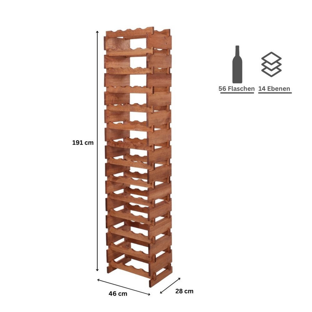 WEINREGAL VINOTECA FLEX PRO HxBxT 191x46x28cm 56 Flaschen auf 14 Ebenen Braun geölt - Braun, Holz (46/191/28cm) - PROREGAL