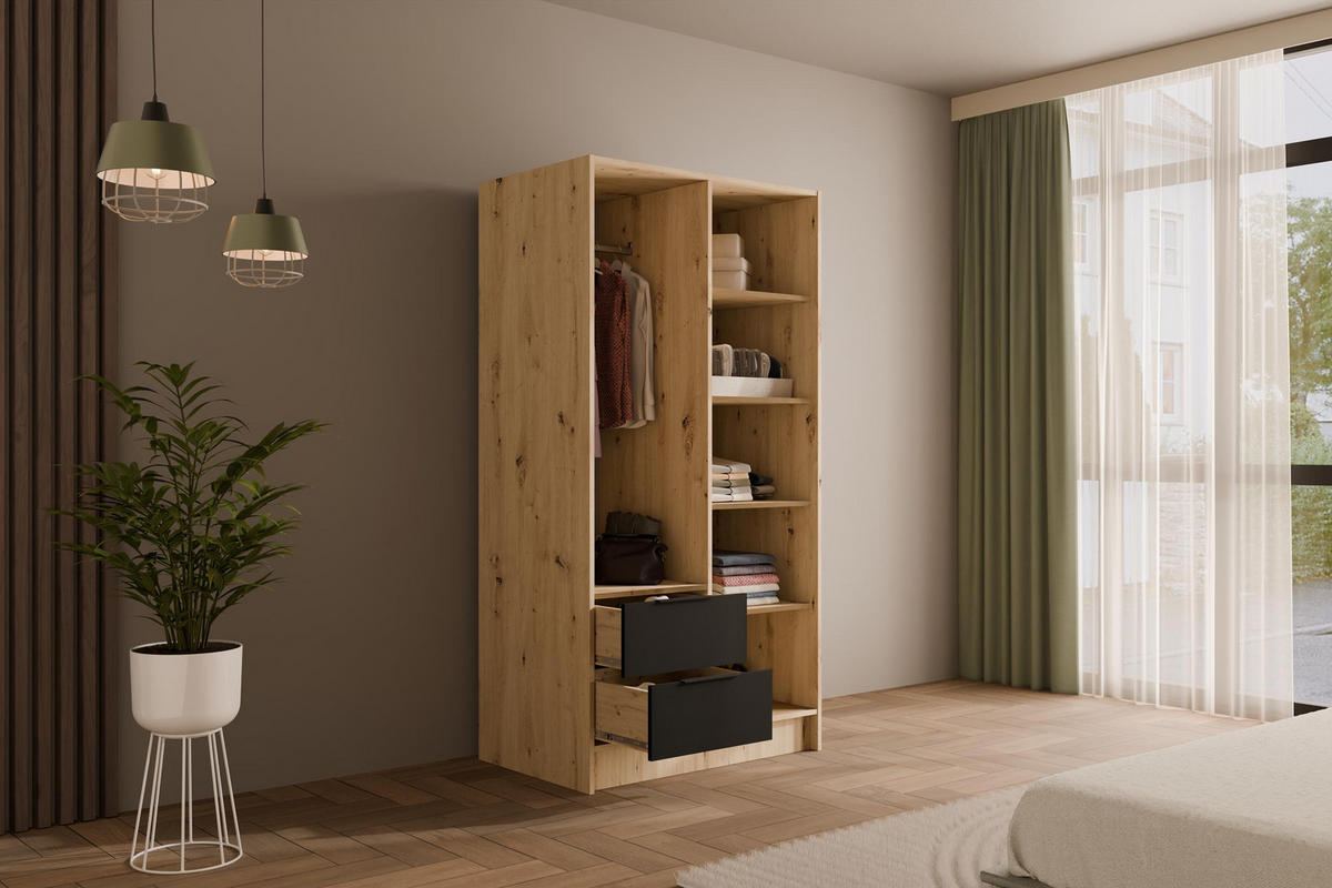 KLEIDERSCHRANK NELIA - 120 cm - Schwarz/Eiche Artisan, Holzwerkstoff (102/200/51cm) - ALTDECOR