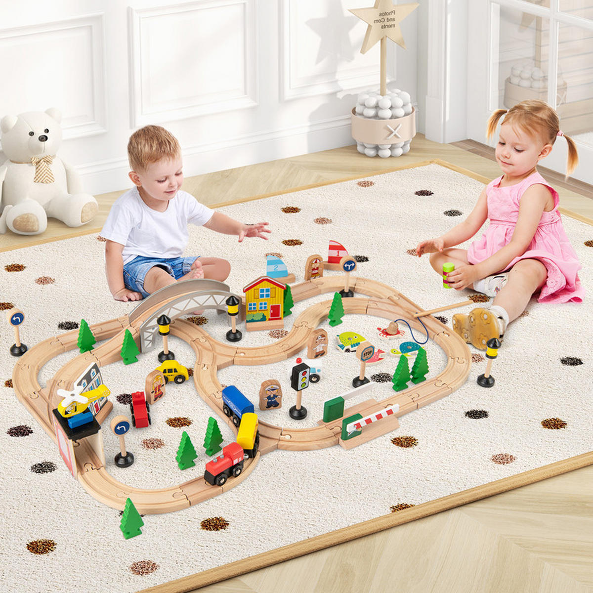 EISENBAHNTISCH aus Holz natur(78-tlg) - Naturfarben, Holzwerkstoff (79/39.5/57cm) - COSTWAY