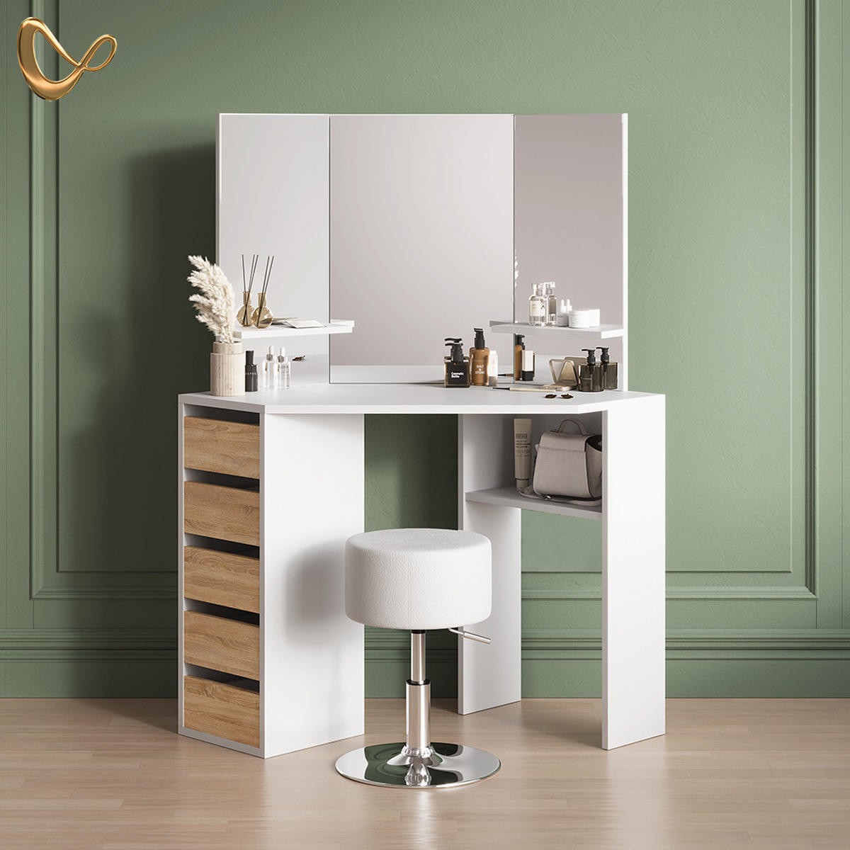 ECKSCHMINKTISCH Enna Weiß/Sonoma 110 cm mit Hocker - Weiß/Sonoma Eiche, Holzwerkstoff (110/141.5/54cm) - Livinity®