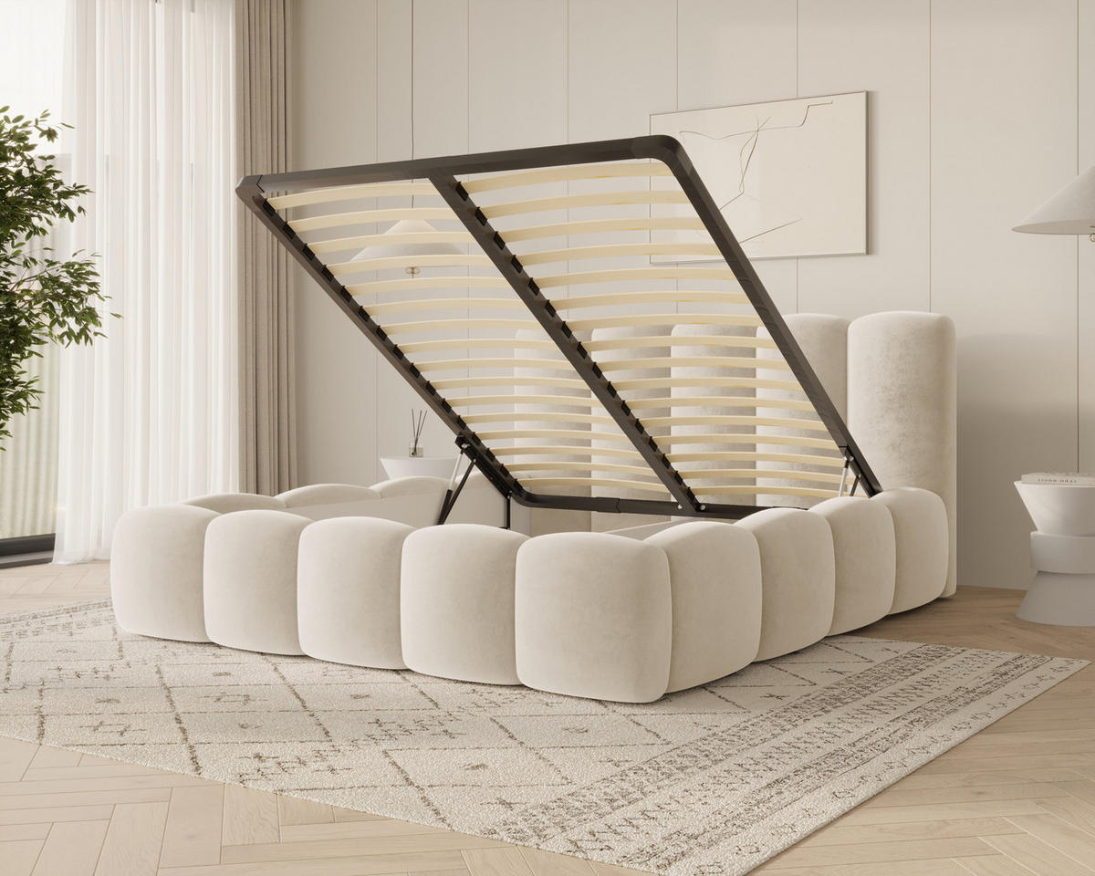 POLSTERBETT 18 - 140x200 cm – Riviera – Gepolstertes Bett mit Metall-Lattenrost - Creme, Holz (140/200cm) - ROYAL24_MARKT