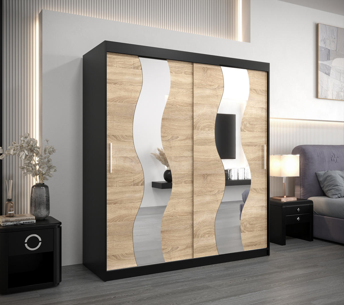 SCHWEBETÜRENSCHRANK 200/180/62 2-türig - Silberfarben/Schwarz, Holz/Kunststoff (180/200/62cm) - Abiks Möbel