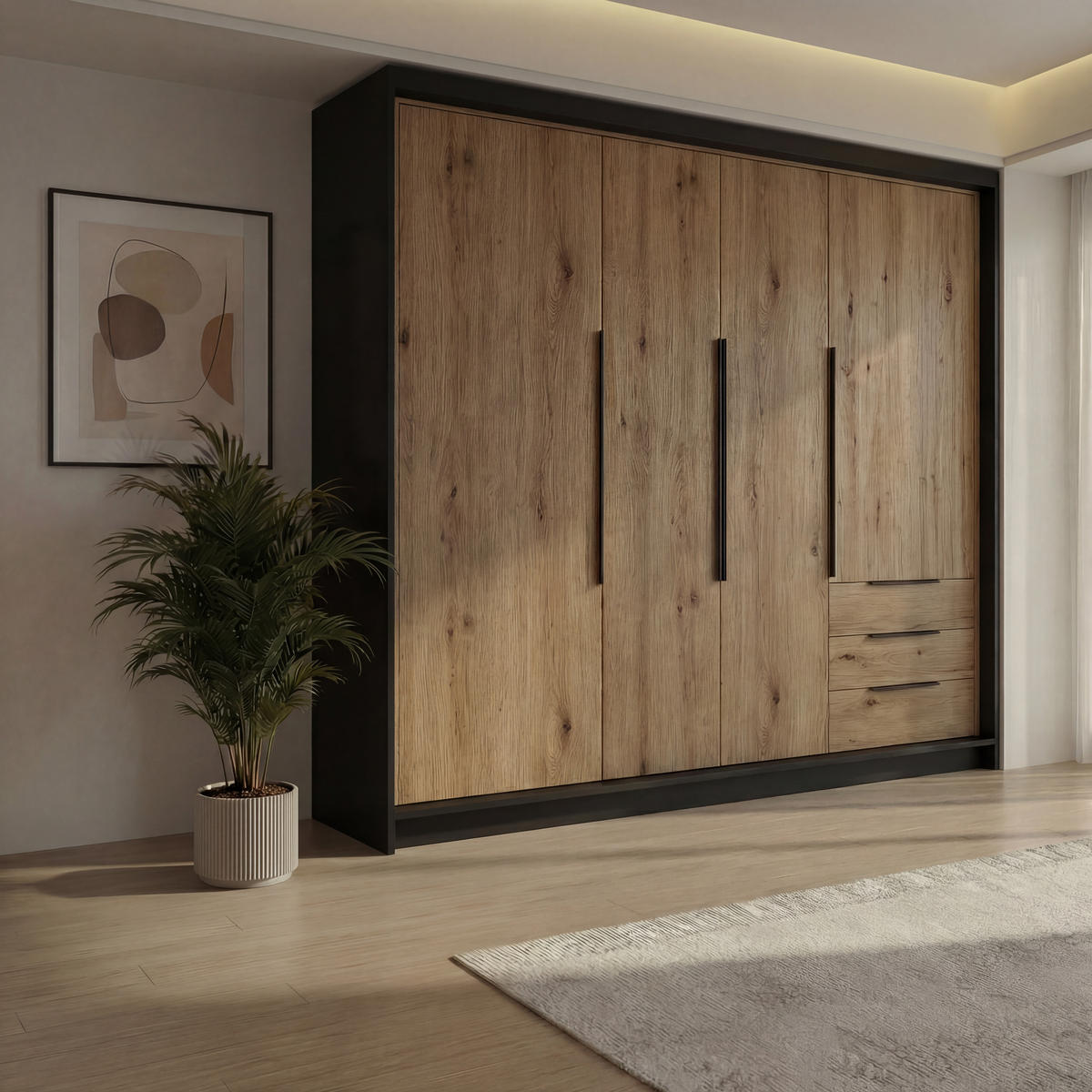 DREHTÜRENSCHRANK KLARI Schwarz Sonoma Schubladen 200 cm - Schwarz/Braun, Holzwerkstoff (200/215/59.5cm) - A&J MöbelLand