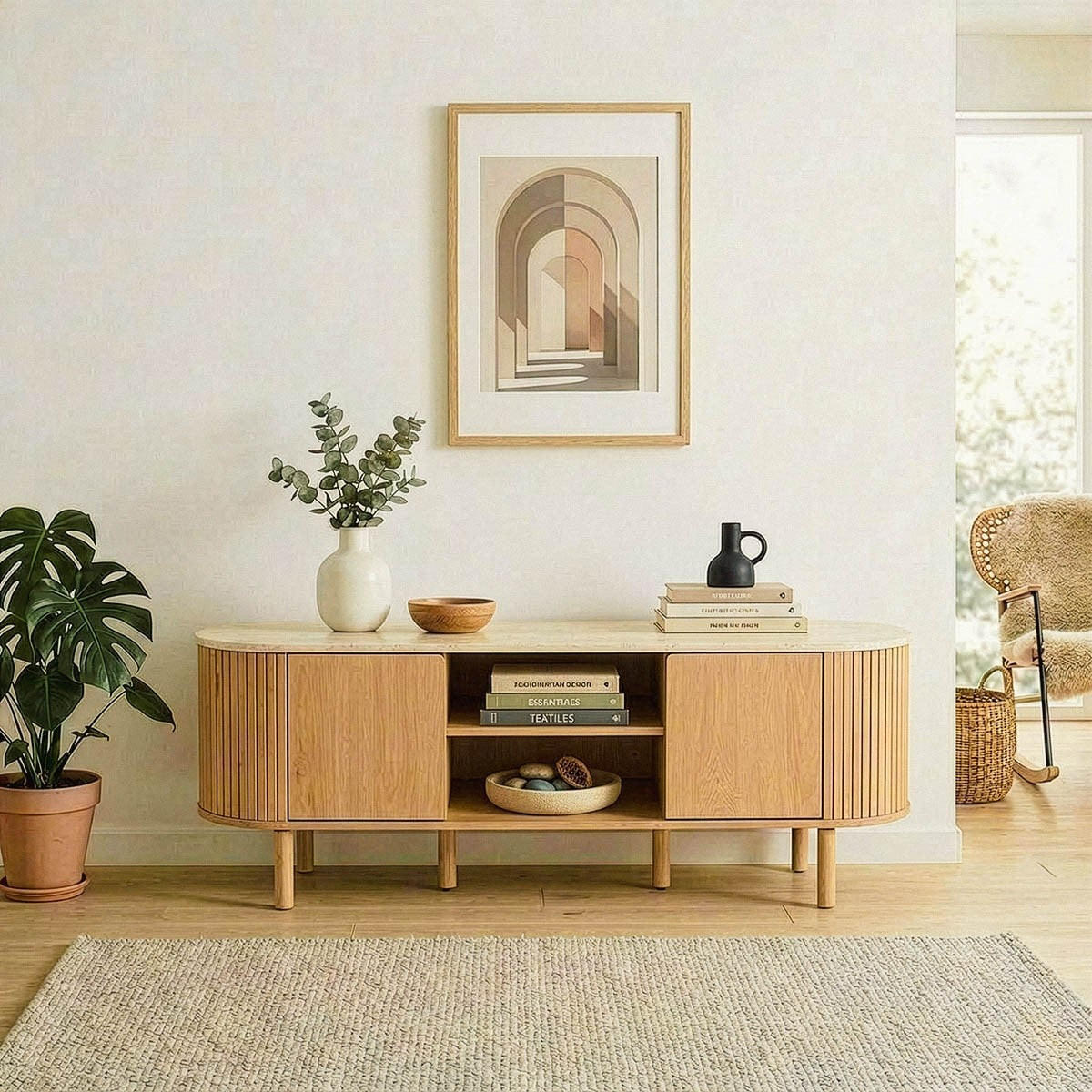 TV-MÖBEL 2 Türen mit Travertin-Dekorplatte B140 cm - HELIOS - Eschefarben, Holzwerkstoff (40/52/47.5cm) - Calicosy