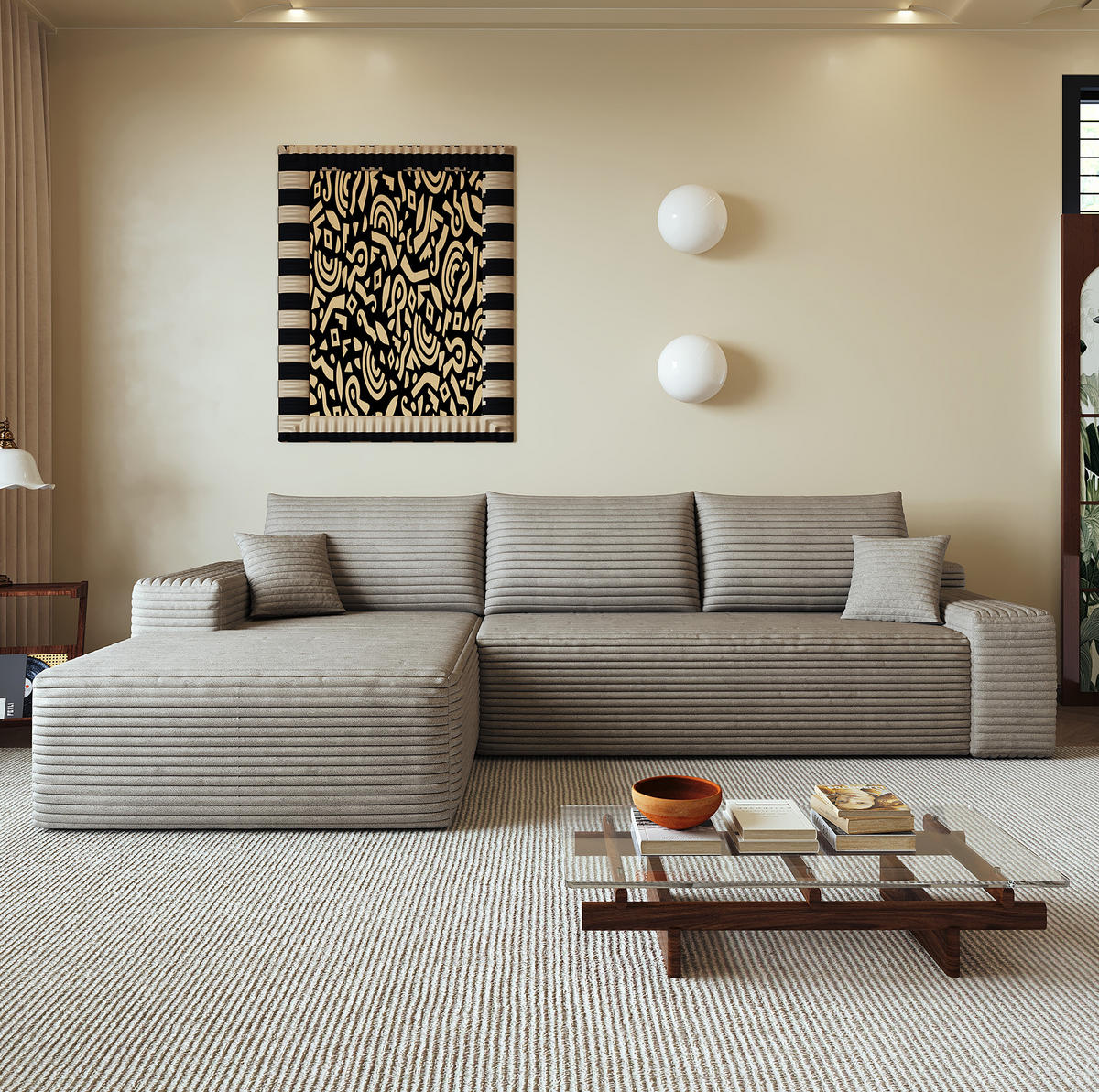 ECKSOFA 270 cm in Camel aus Cord mit weicher Schaumstofffüllung - Haselnussfarben, Textil (175/270cm) - Flora Grace