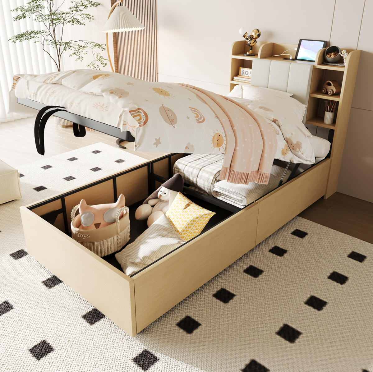 BETT aus MDF 90x200 cm Holzfarbe/Grau mit hydraulischem Stauraum, USB- und Type-C-Anschluss, Kopfteil mit Ablagen - Naturfarben, Holzwerkstoff (90/200cm) - Modfu