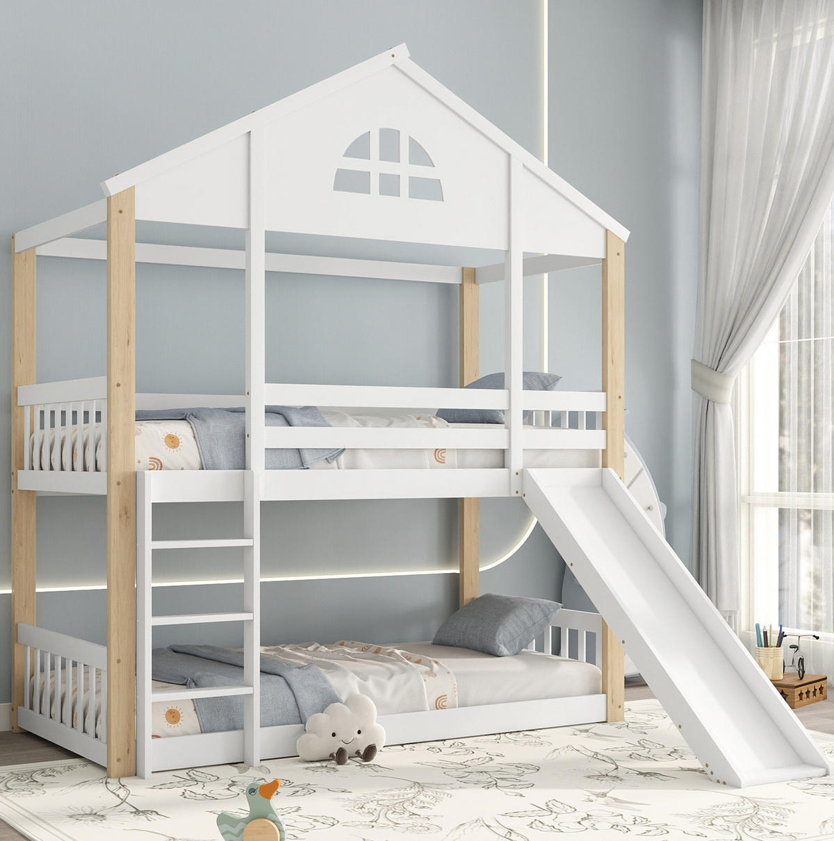 ETAGENBETT 90/200 cm weiß und natur aus Massivholz mit Rutsche und Winkeltreppe - Weiß, Holz (90/200cm) - OKWISH