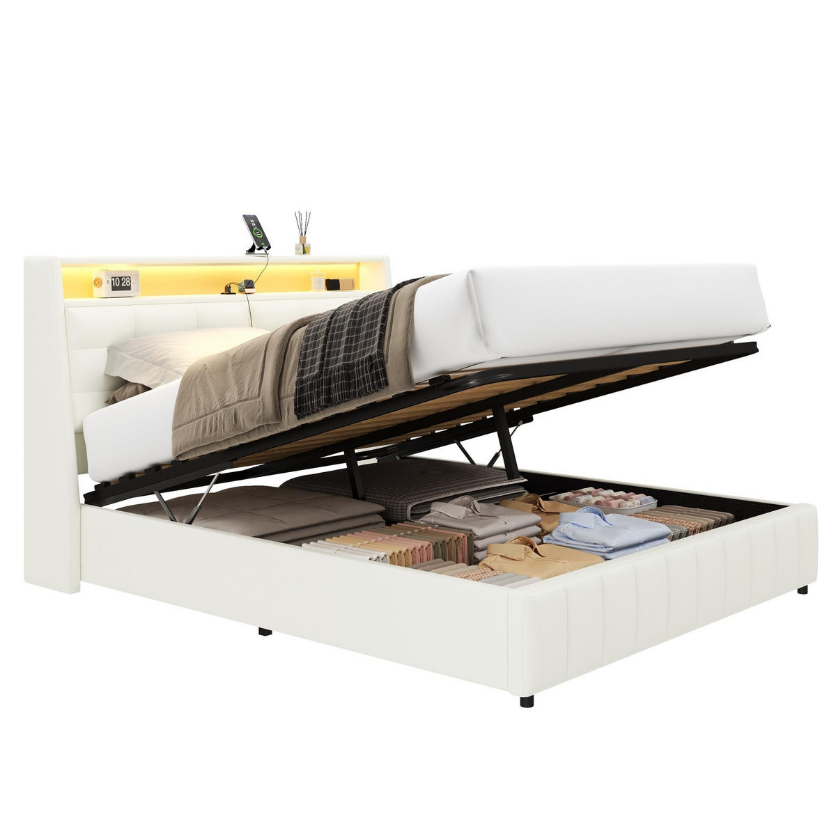 BETT mit Stauraum, LED und USB 160x200 cm Weiß - Weiß, Metall (160/200cm) - Meubliv