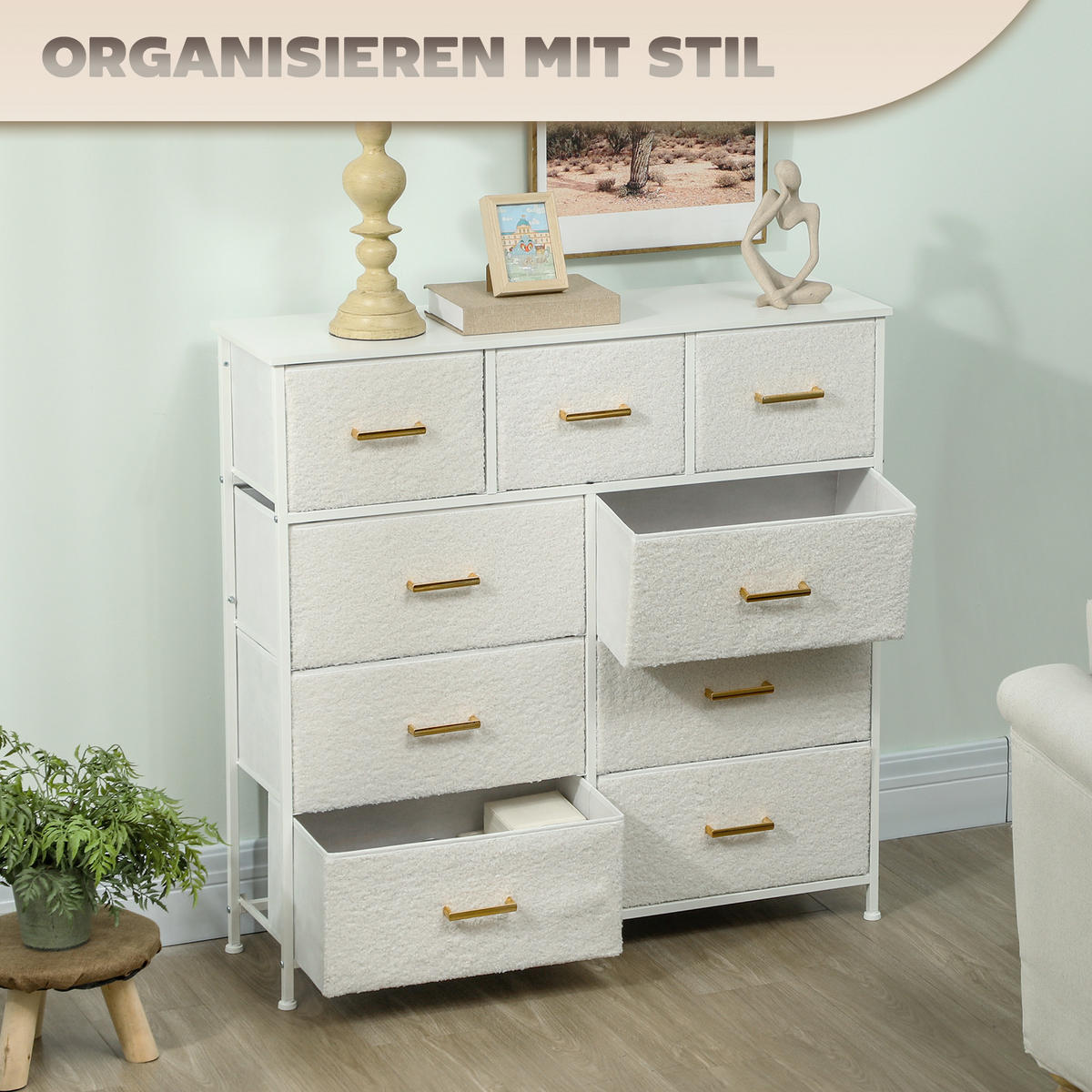 KOMMODE Sideboard mit 9 Stoffschubladen, Schubladenschrank mit Arbeitsplatte - Weiß, Karton (30/99/100cm) - HOMCOM