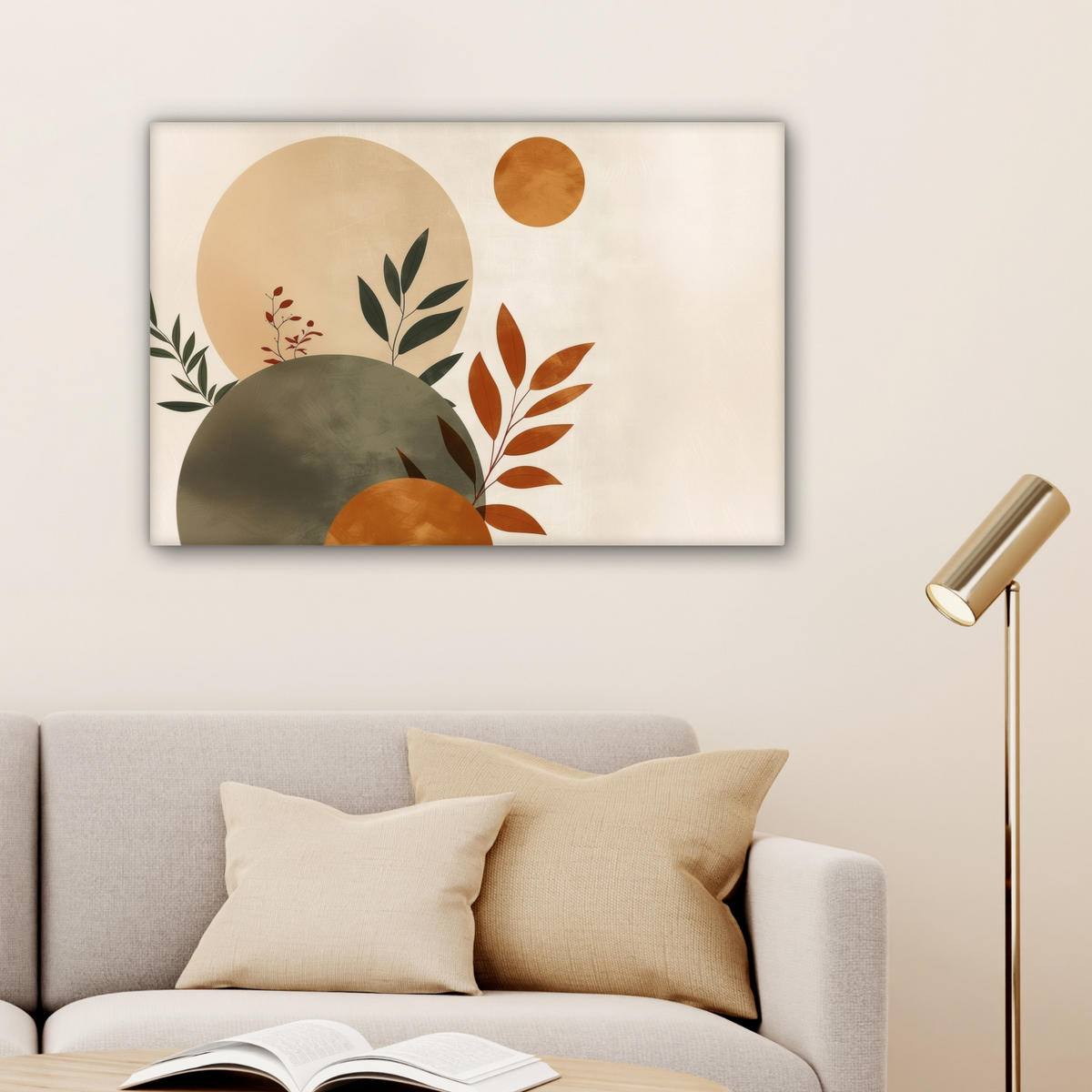 LEINWANDBILD Formen - Rund - Blätter - Beige Wanddeko 90x60 cm - Rostfarben, Textil (90/60cm) - MuchoWow