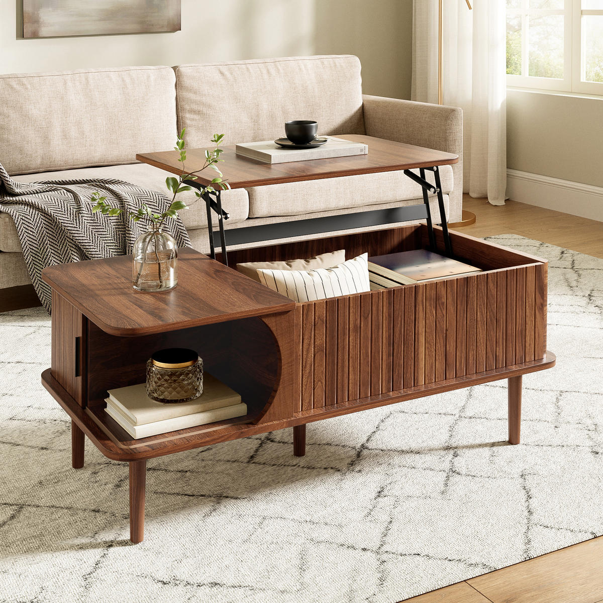 COUCHTISCH Retro Walnuss höhenverstellbar Rillen modern - Walnussfarben, Holzwerkstoff (100/48/55.5cm) - FLIEKS