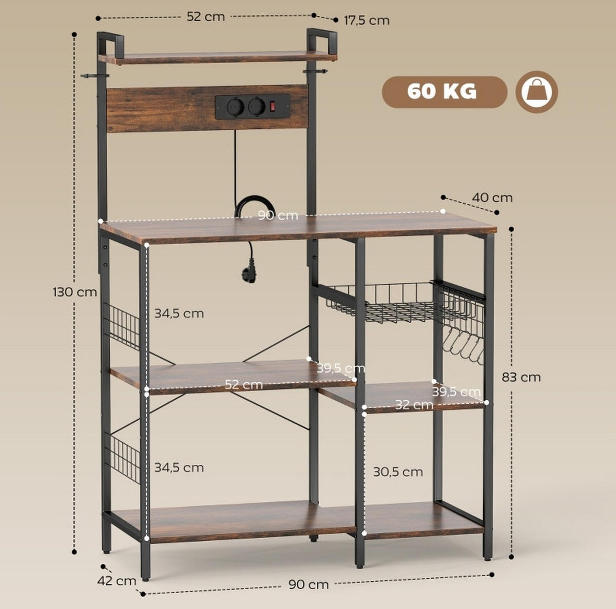 KÜCHENREGAL 90/42/130 cm aus Holz mit 2 Steckdosen, Drahtkorb und 5 Haken, Rustikalbraun - Braun, Holz (90/130/42cm) - Redom